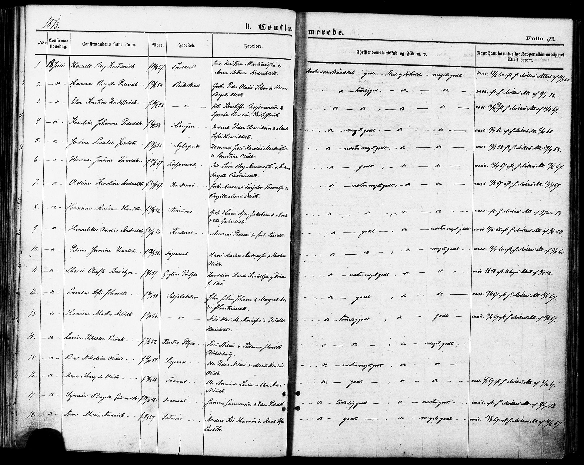 Lenvik sokneprestembete, SATØ/S-1310/H/Ha/Haa/L0010kirke: Parish register (official) no. 10, 1873-1880, p. 92
