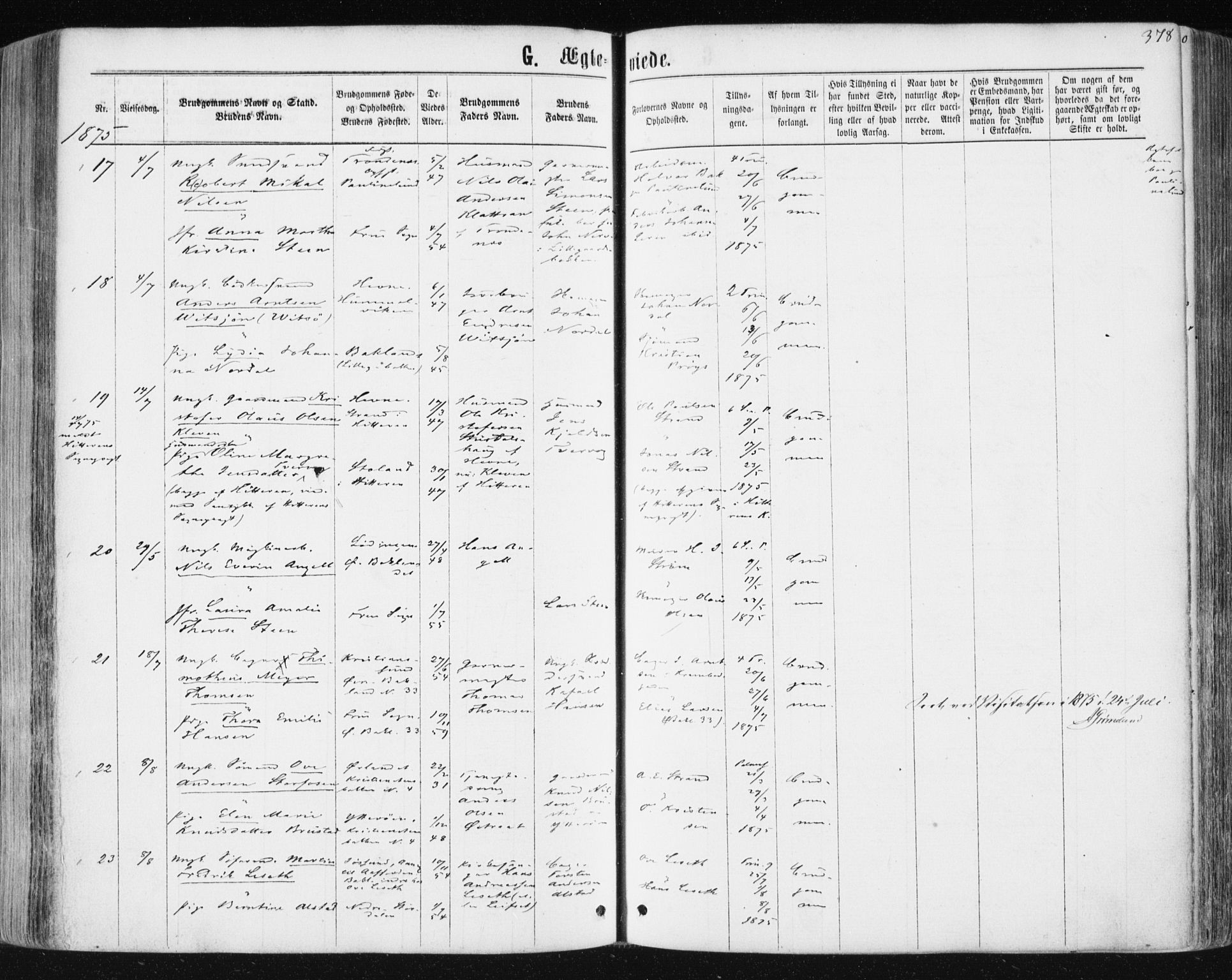 Ministerialprotokoller, klokkerbøker og fødselsregistre - Sør-Trøndelag, SAT/A-1456/604/L0186: Parish register (official) no. 604A07, 1866-1877, p. 378