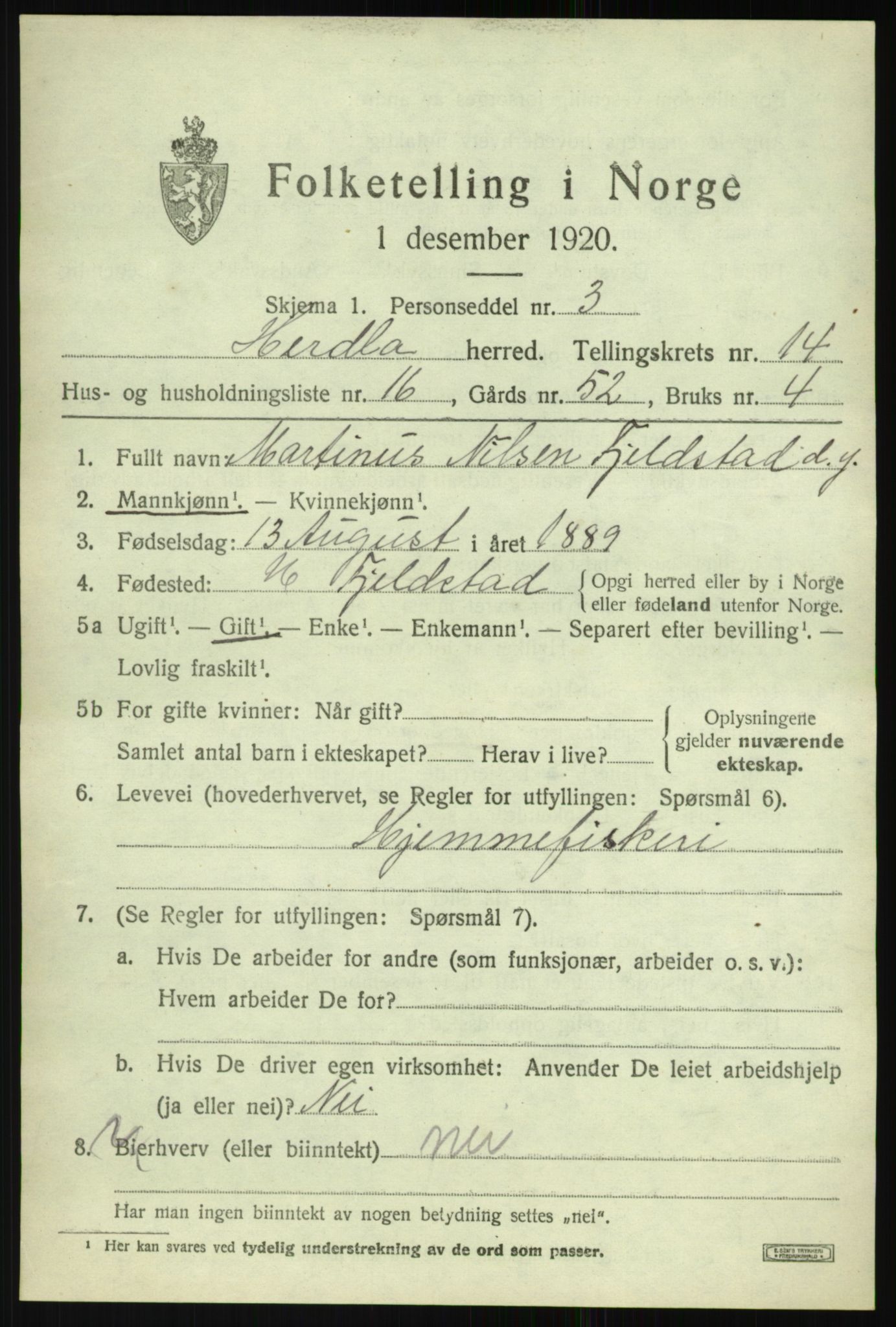 SAB, 1920 census for Herdla, 1920, p. 9889