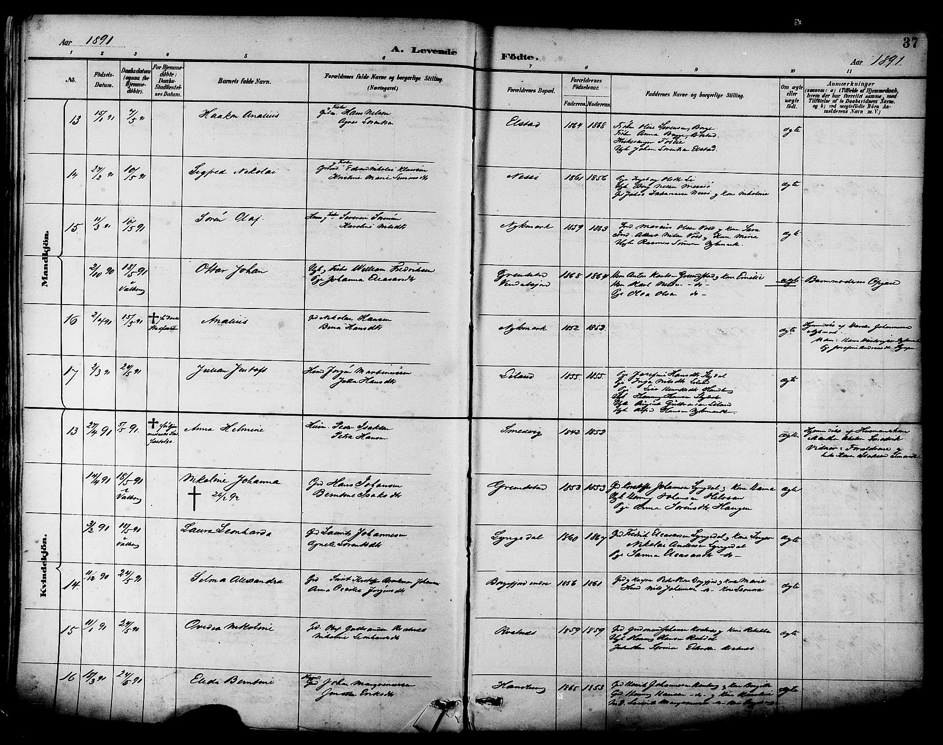 Ministerialprotokoller, klokkerbøker og fødselsregistre - Nordland, AV/SAT-A-1459/880/L1133: Parish register (official) no. 880A07, 1888-1898, p. 37