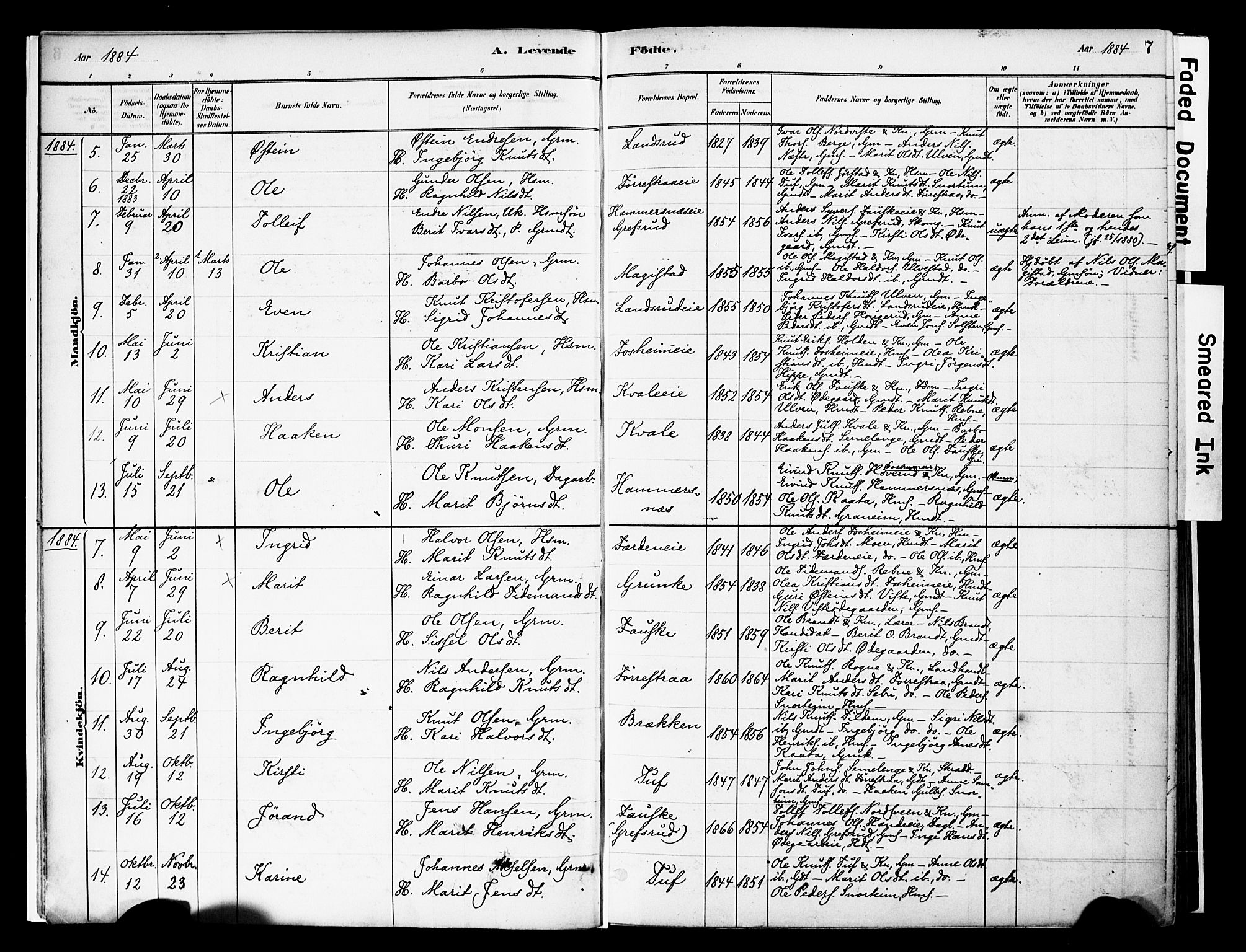 Vestre Slidre prestekontor, AV/SAH-PREST-136/H/Ha/Haa/L0006: Parish register (official) no. 6, 1881-1912, p. 7