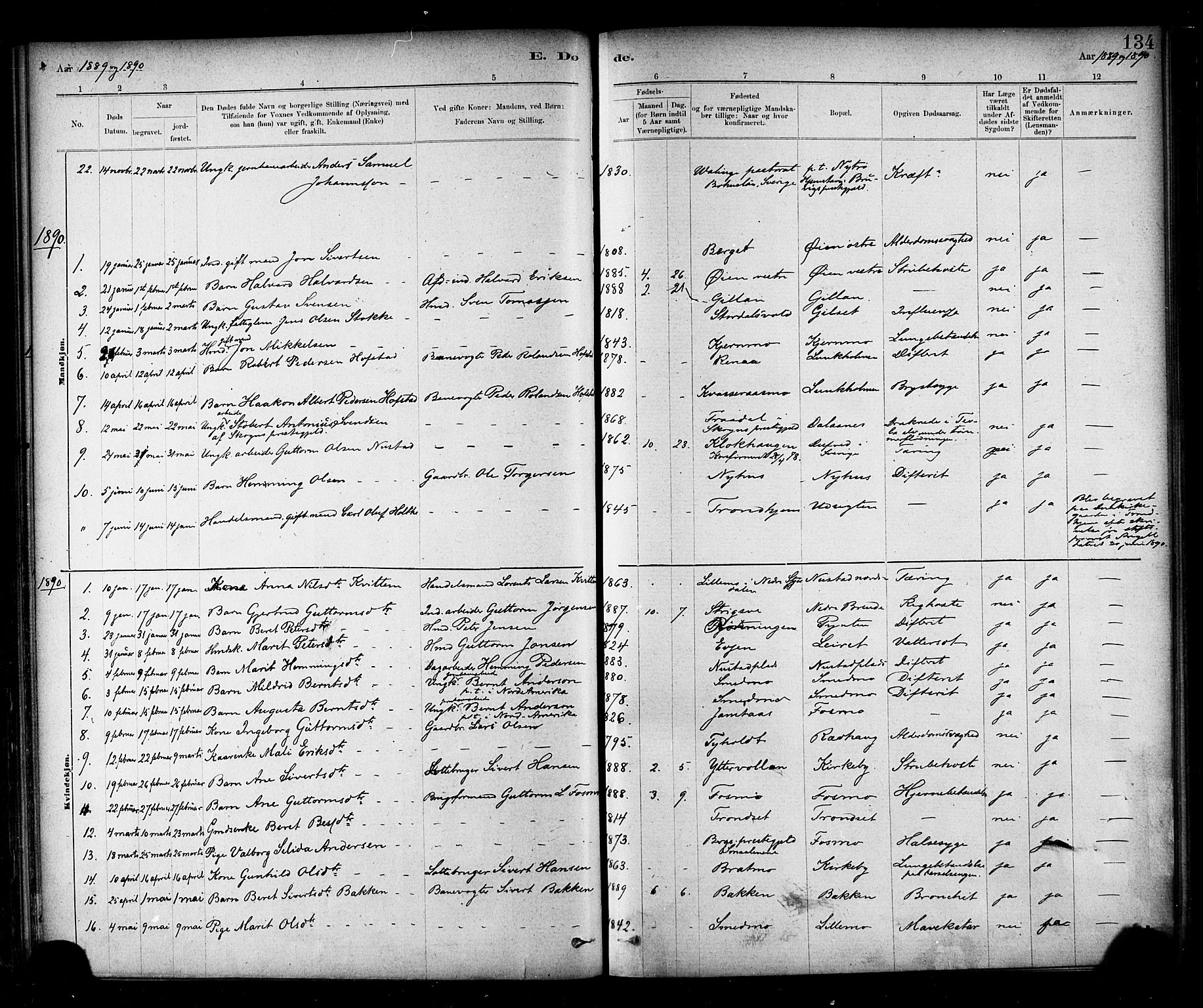 Ministerialprotokoller, klokkerbøker og fødselsregistre - Nord-Trøndelag, AV/SAT-A-1458/706/L0047: Parish register (official) no. 706A03, 1878-1892, p. 134