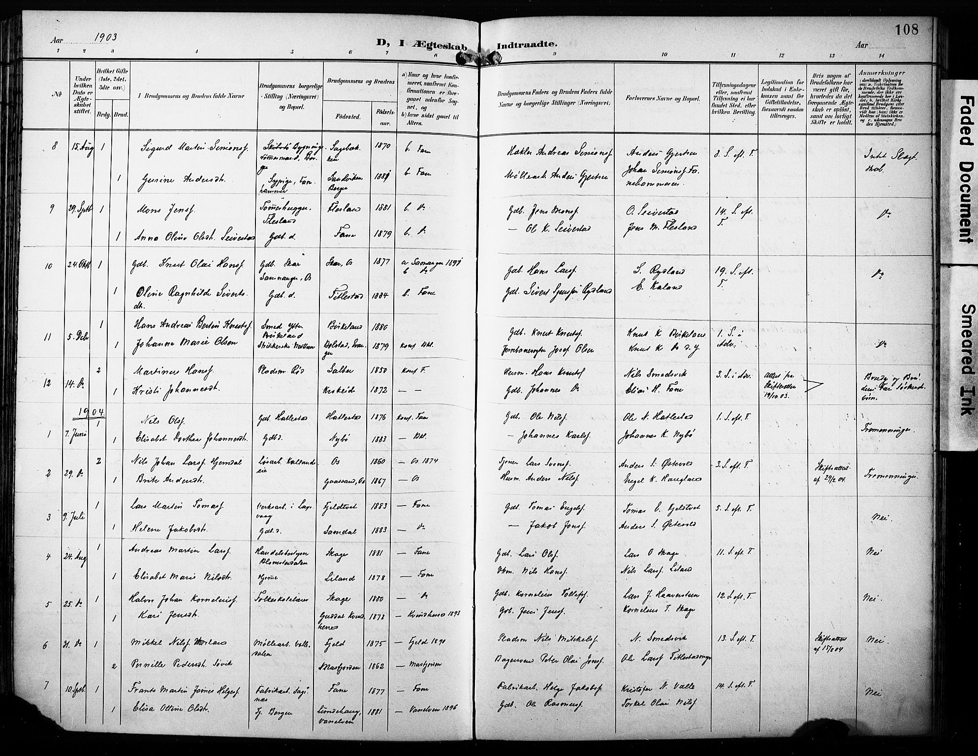 Fana Sokneprestembete, AV/SAB-A-75101/H/Haa/Haab/L0003: Parish register (official) no. B 3, 1898-1907, p. 108