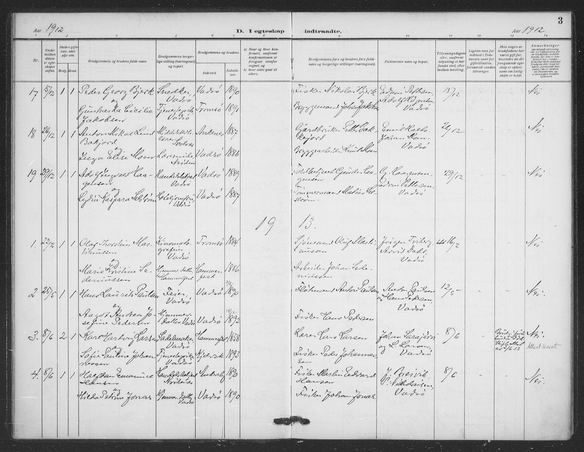 Vadsø sokneprestkontor, SATØ/S-1325/H/Ha/L0008kirke: Parish register (official) no. 8, 1912-1930, p. 3