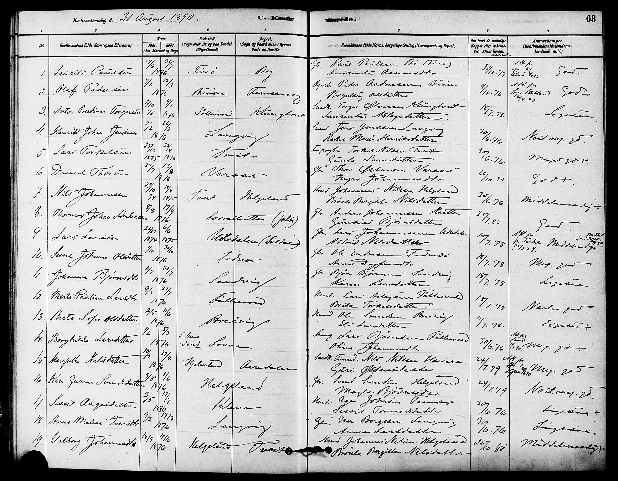Jelsa sokneprestkontor, SAST/A-101842/01/IV: Parish register (official) no. A 9, 1878-1898, p. 63