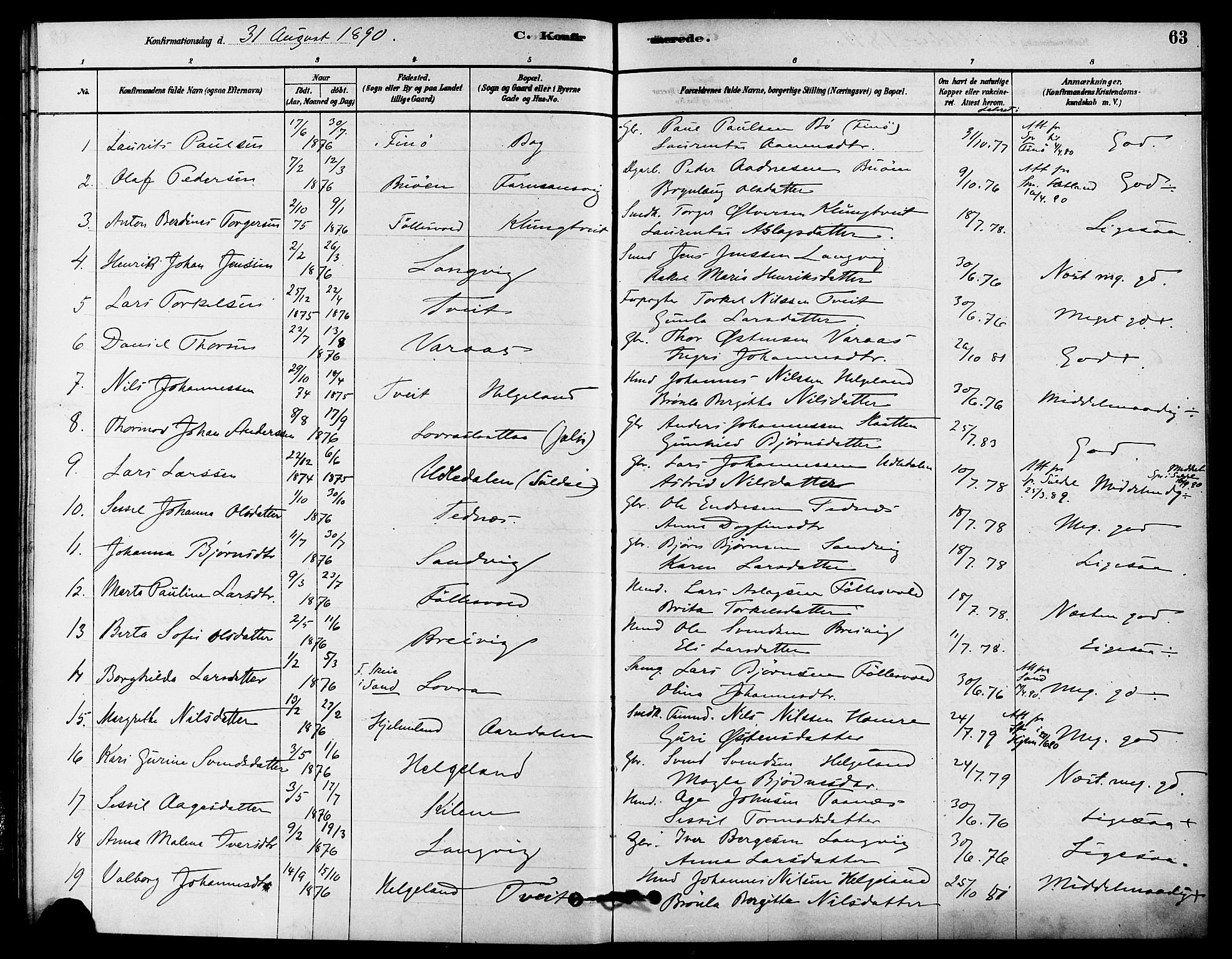 Jelsa sokneprestkontor, AV/SAST-A-101842/01/IV: Parish register (official) no. A 9, 1878-1898, p. 63