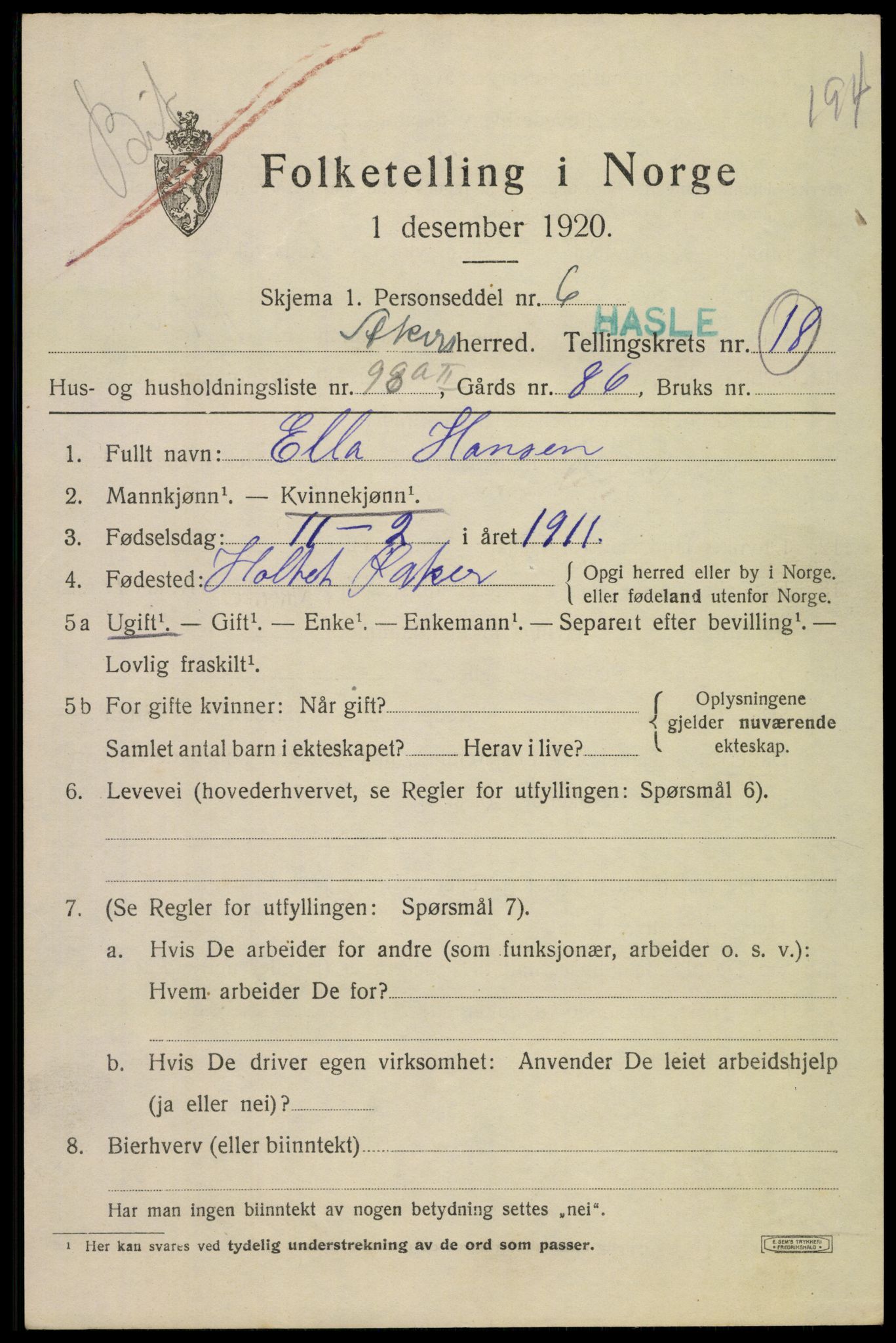 SAO, 1920 census for Aker, 1920, p. 116172