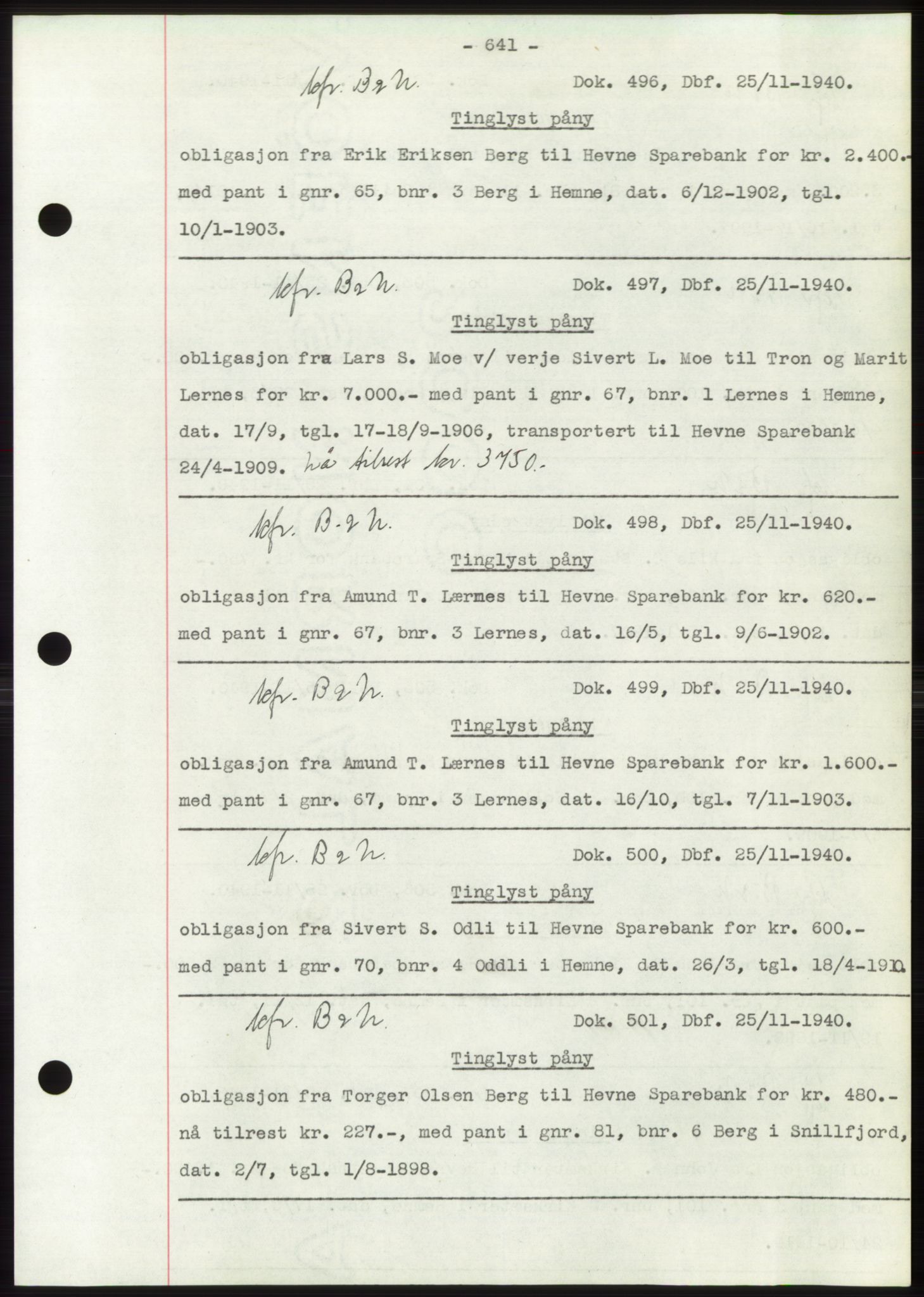 Hitra sorenskriveri, AV/SAT-A-0018/2/2C/2Ca: Mortgage book no. C1, 1936-1945, Diary no: : 496/1940