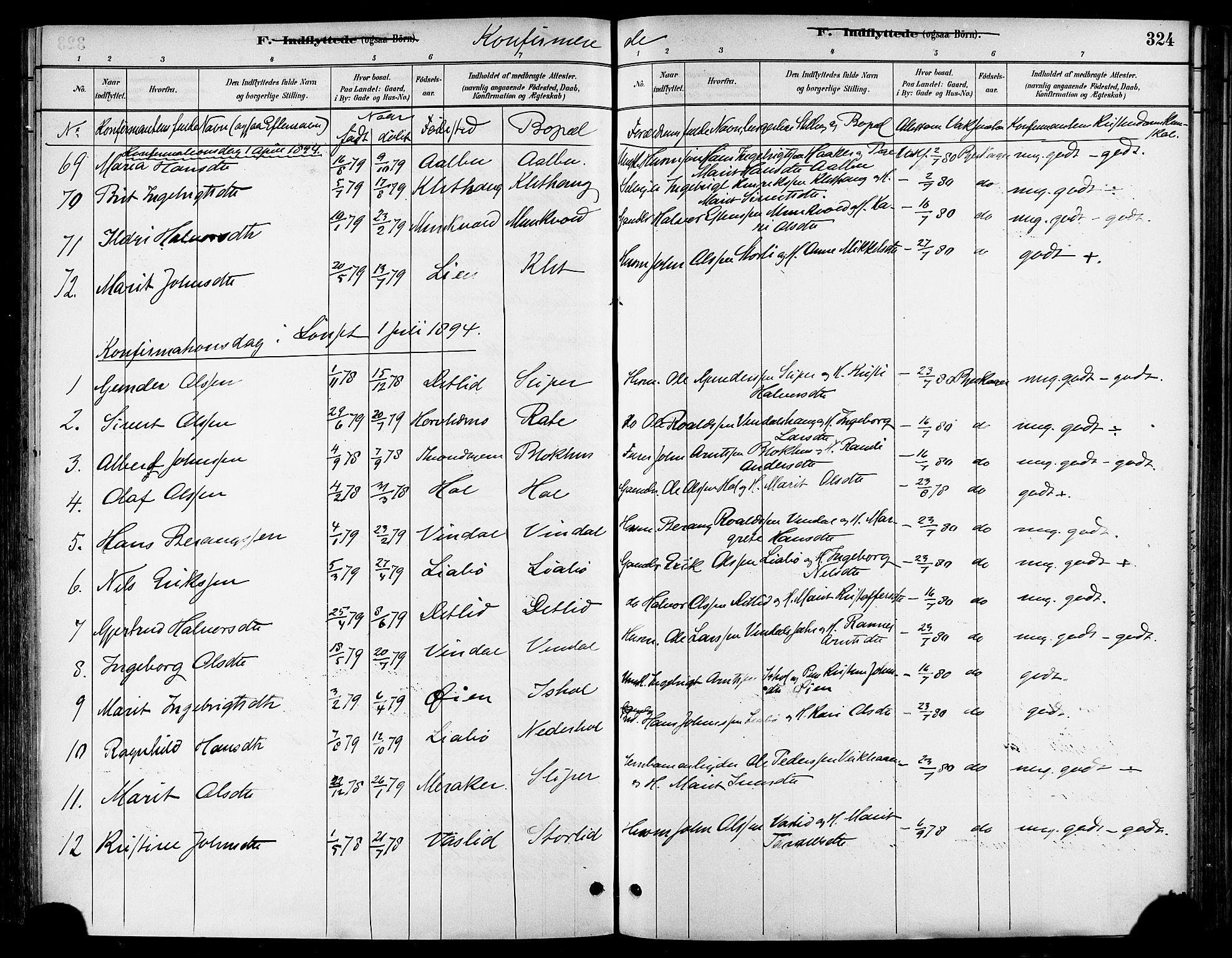 Ministerialprotokoller, klokkerbøker og fødselsregistre - Sør-Trøndelag, AV/SAT-A-1456/678/L0901: Parish register (official) no. 678A10, 1881-1894, p. 324