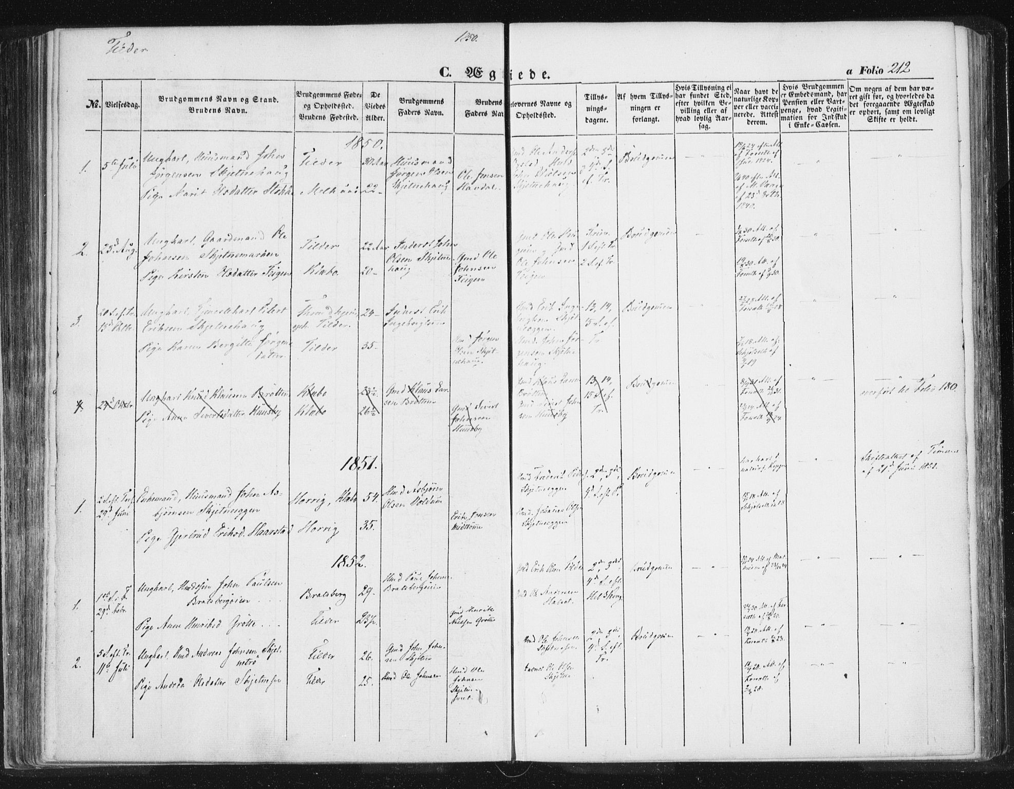 Ministerialprotokoller, klokkerbøker og fødselsregistre - Sør-Trøndelag, SAT/A-1456/618/L0441: Parish register (official) no. 618A05, 1843-1862, p. 212