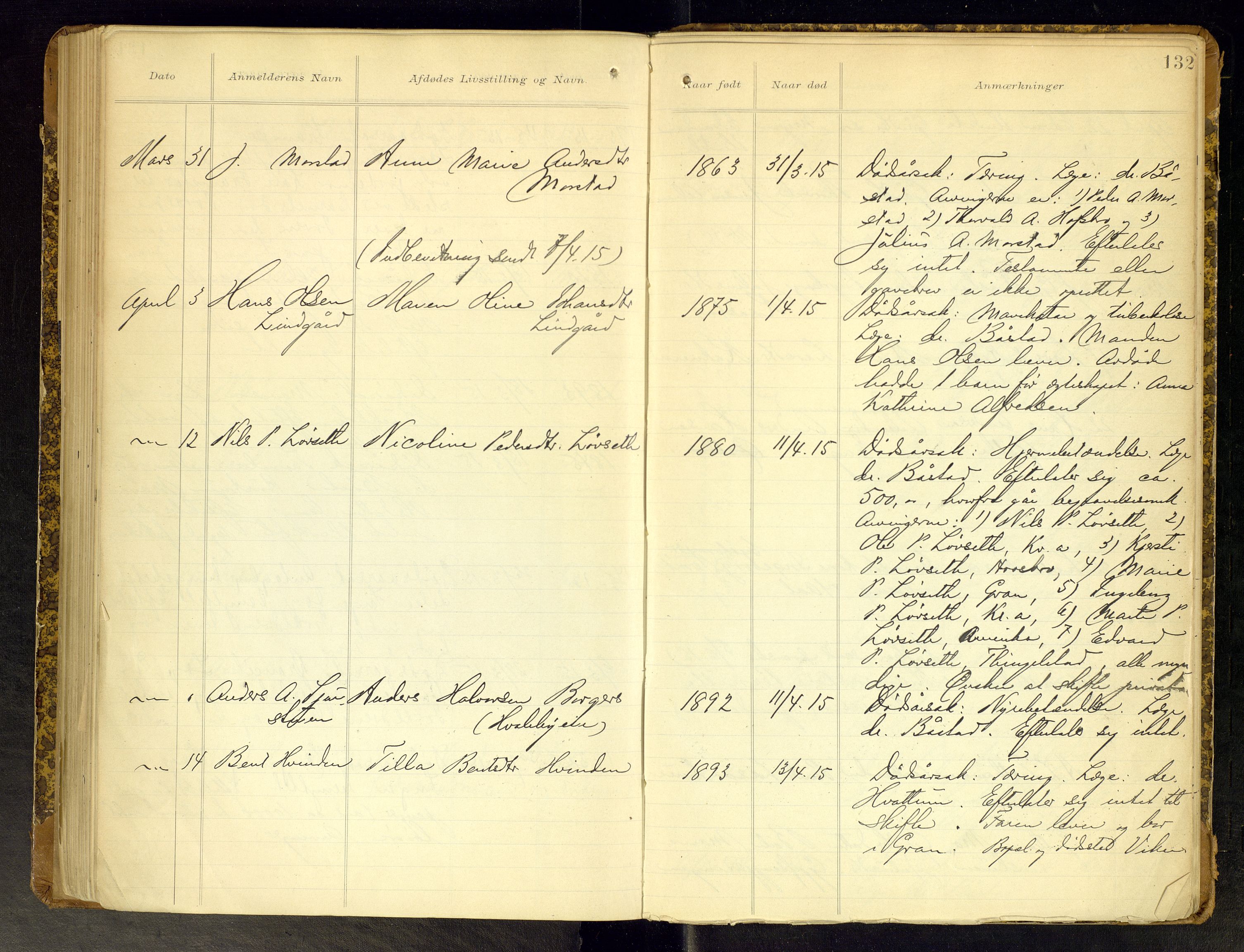 Gran lensmannskontor, AV/SAH-LOG-010/H/Ha/L0002: Dødsfallsprotokoll, 1899-1917, p. 132