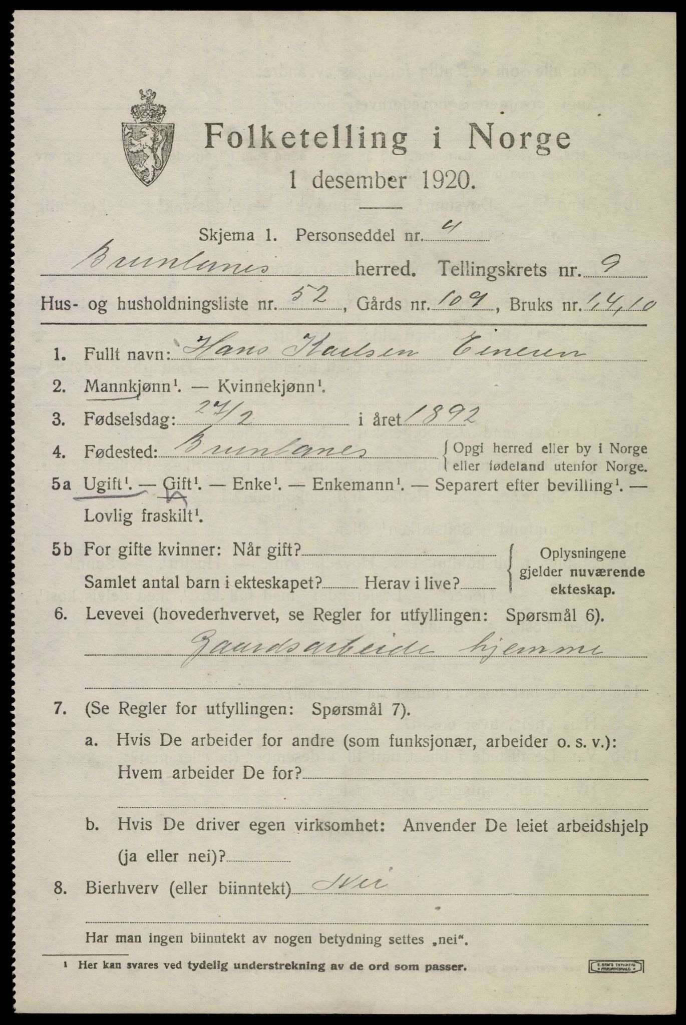 SAKO, 1920 census for Brunlanes, 1920, p. 8353