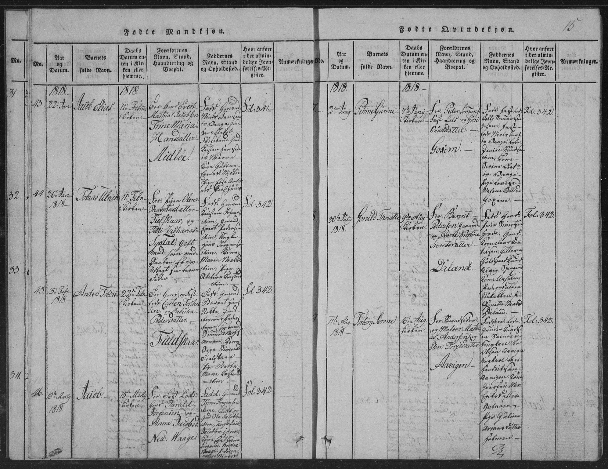 Sør-Audnedal sokneprestkontor, AV/SAK-1111-0039/F/Fb/Fba/L0001: Parish register (copy) no. B 1, 1815-1850, p. 15