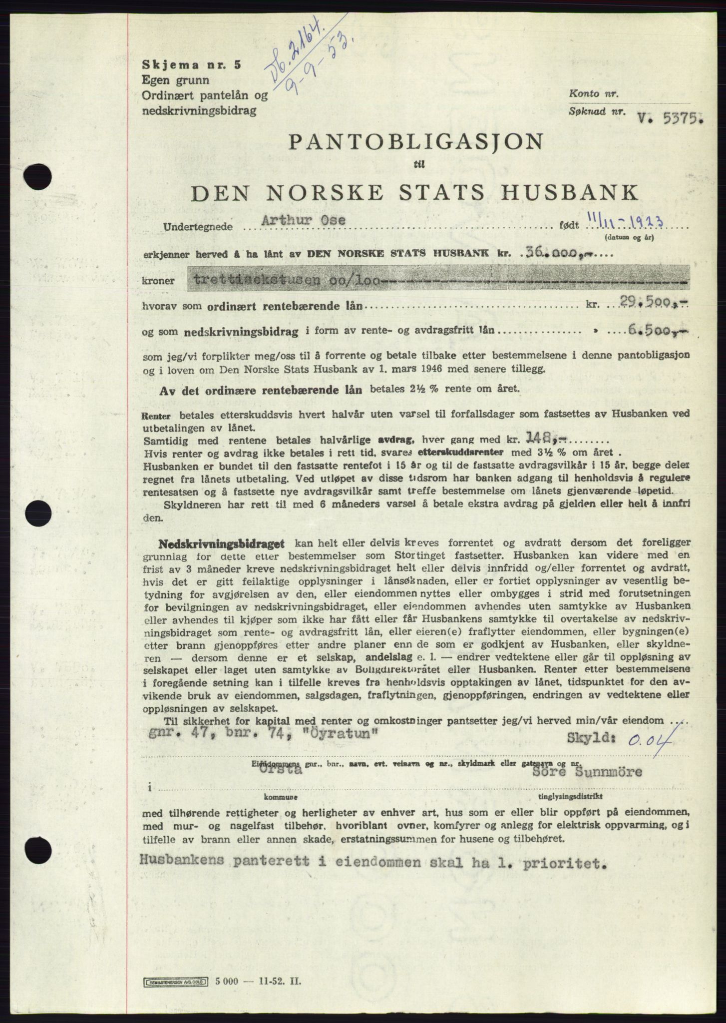 Søre Sunnmøre sorenskriveri, AV/SAT-A-4122/1/2/2C/L0123: Mortgage book no. 11B, 1953-1953, Diary no: : 2164/1953