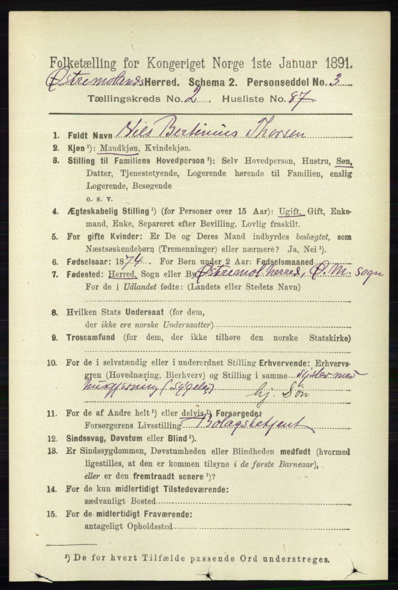 RA, 1891 census for 0918 Austre Moland, 1891, p. 1187