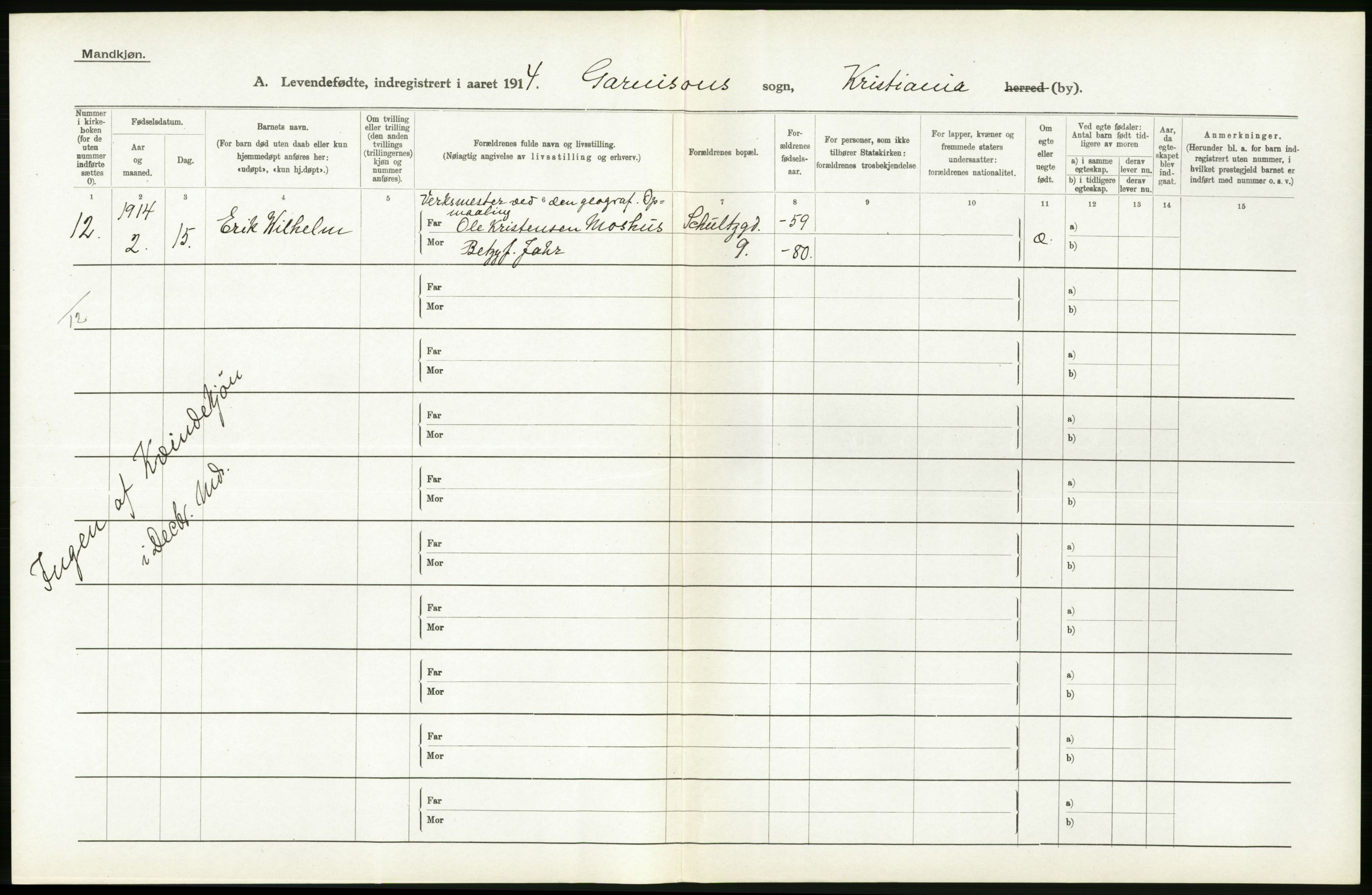 Statistisk sentralbyrå, Sosiodemografiske emner, Befolkning, RA/S-2228/D/Df/Dfb/Dfbd/L0005: Kristiania: Levendefødte menn og kvinner., 1914, p. 448