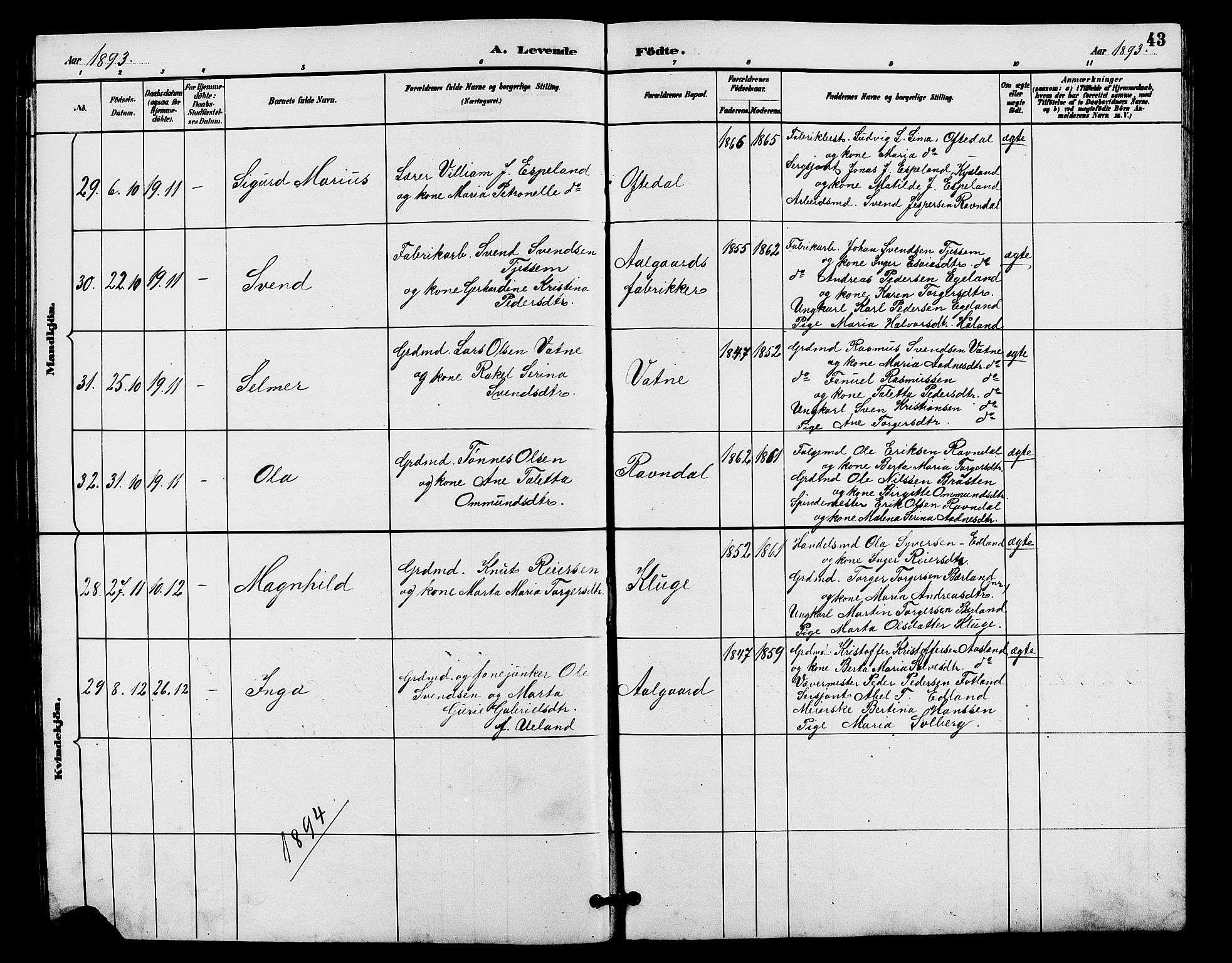 Lye sokneprestkontor, AV/SAST-A-101794/001/30BB/L0008: Parish register (copy) no. B 7, 1887-1901, p. 43