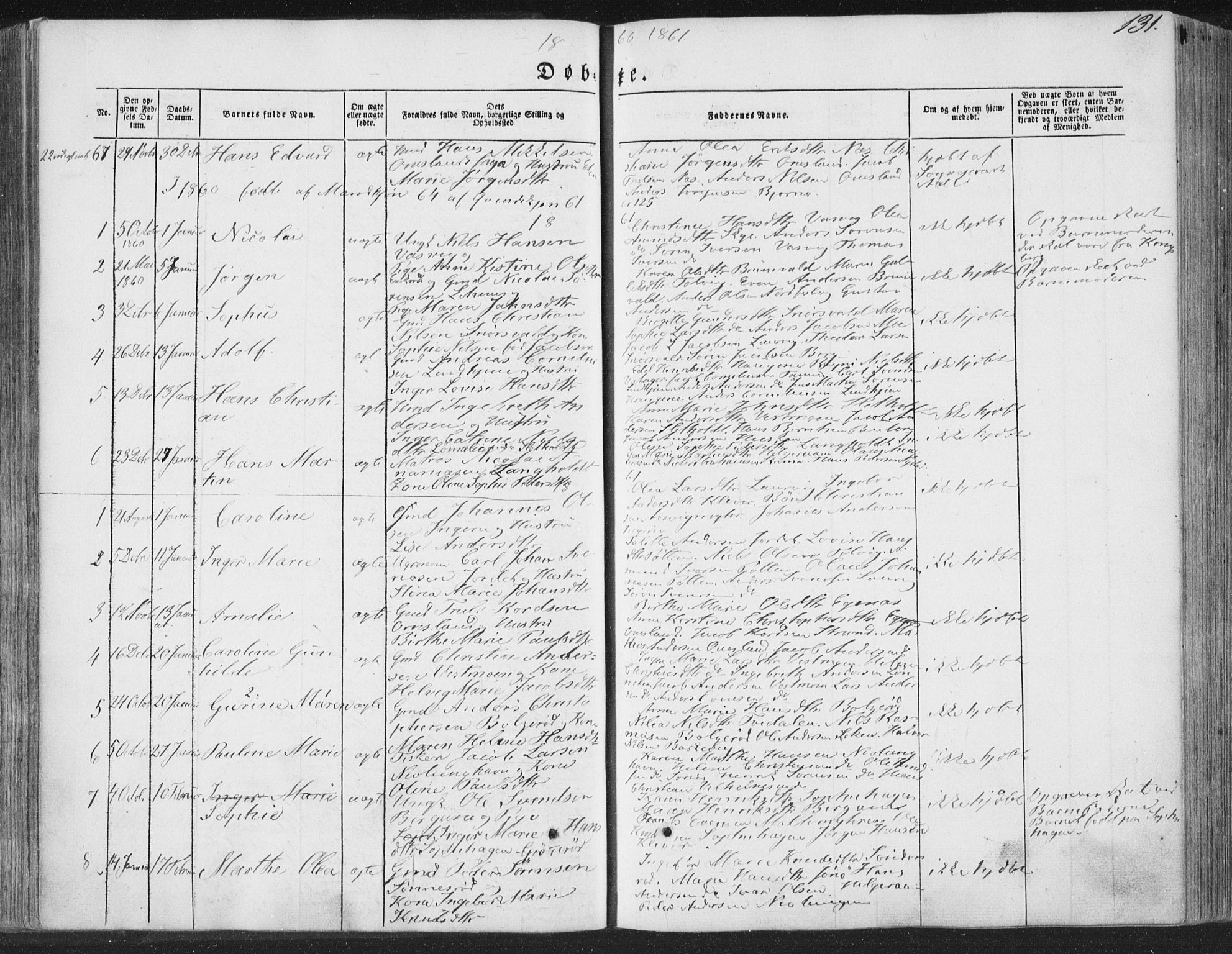 Brunlanes kirkebøker, AV/SAKO-A-342/F/Fa/L0004: Parish register (official) no. I 4, 1846-1862, p. 131