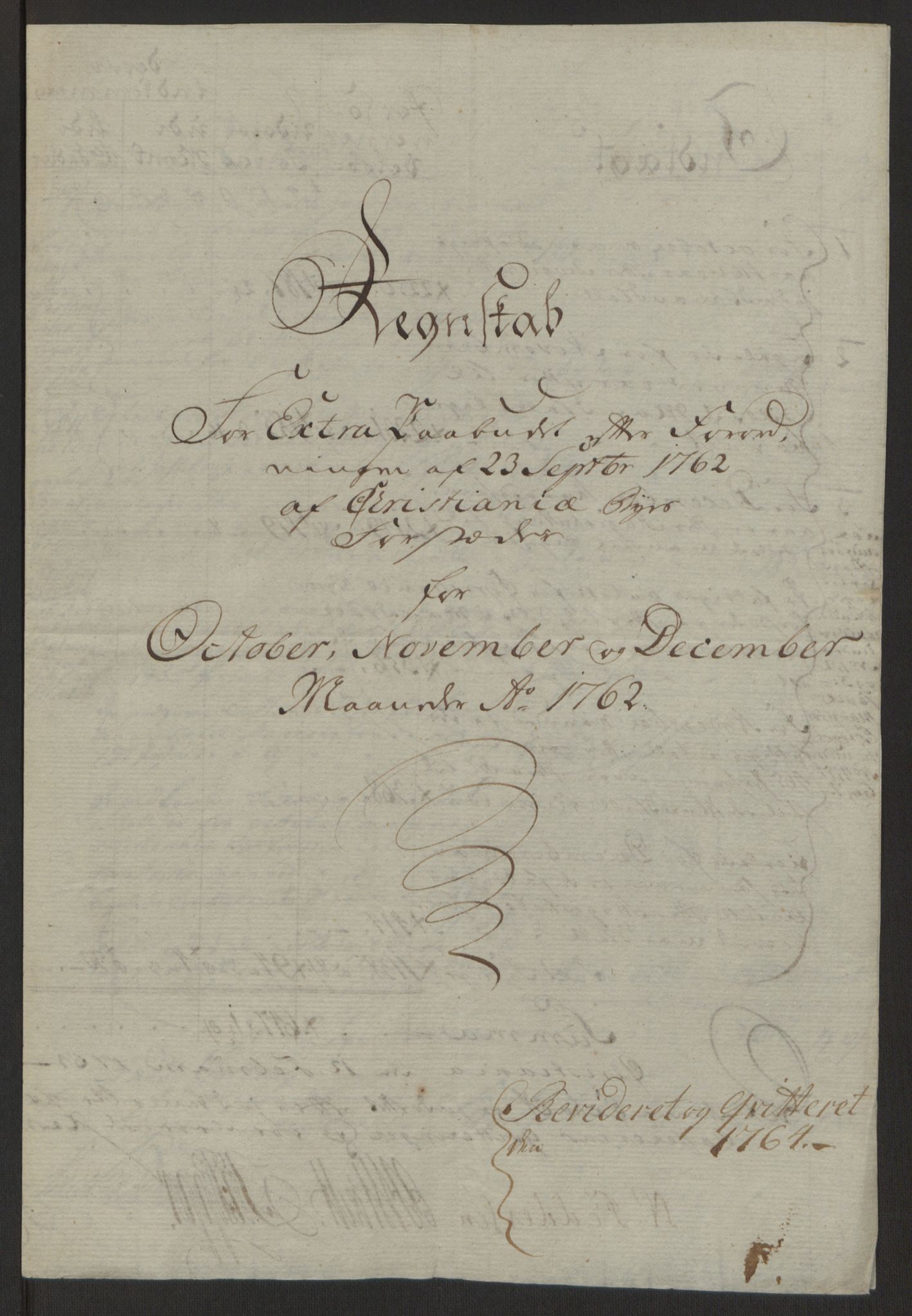 Rentekammeret inntil 1814, Reviderte regnskaper, Byregnskaper, RA/EA-4066/R/Re/L0071/0001: [E13] Kontribusjonsregnskap / Ekstraskatt, 1762, p. 7