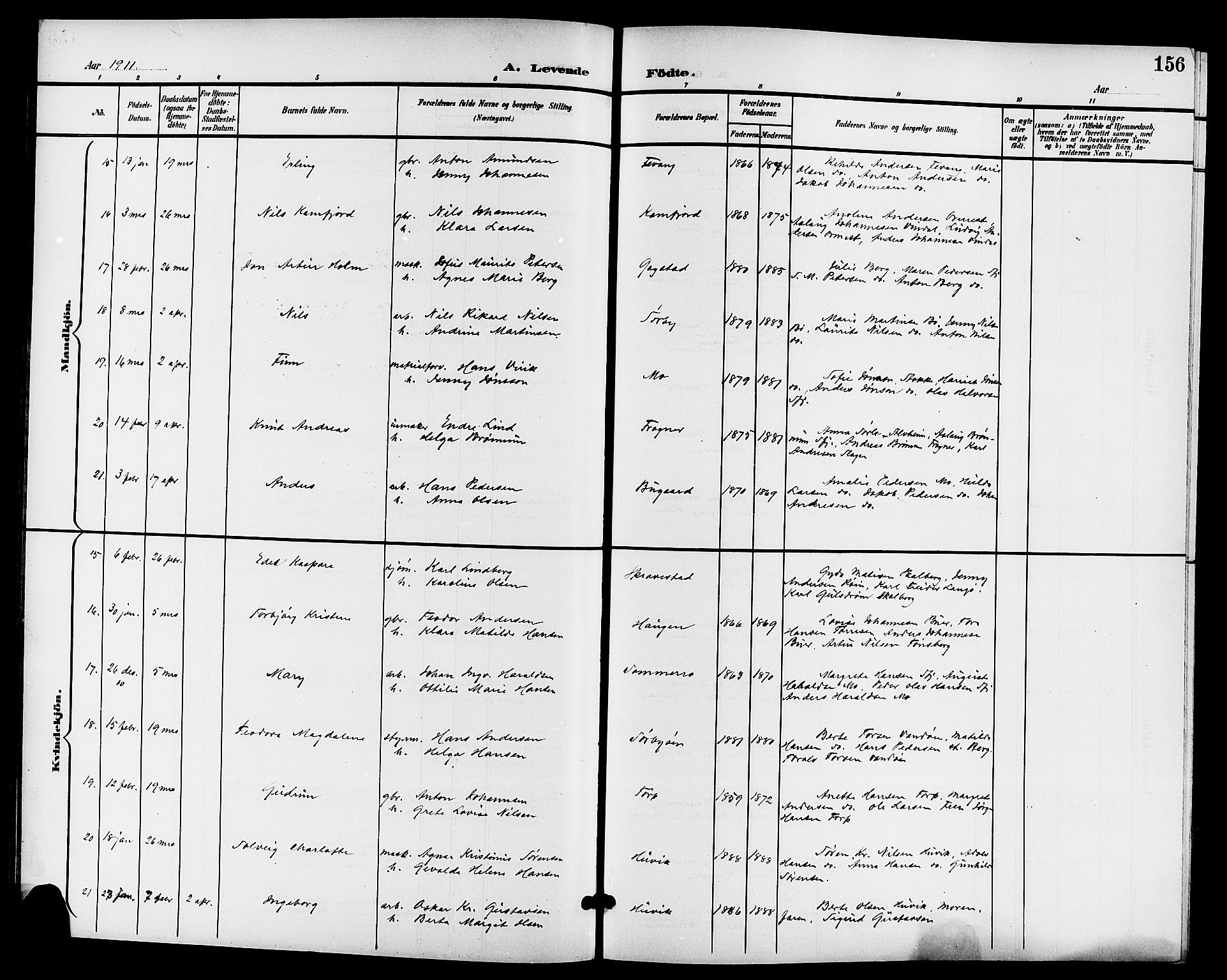 Sandar kirkebøker, AV/SAKO-A-243/G/Ga/L0002: Parish register (copy) no. 2, 1900-1915, p. 156
