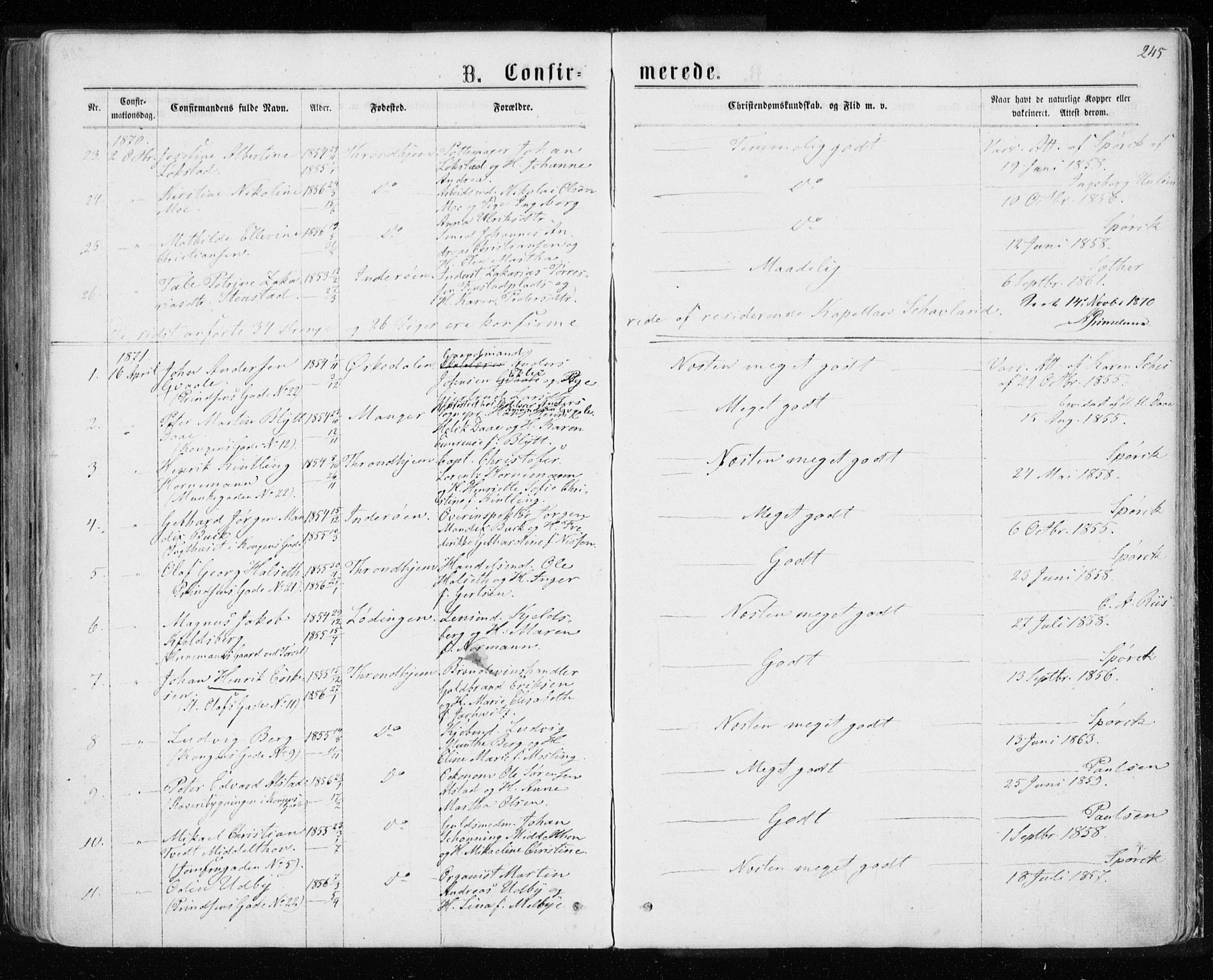 Ministerialprotokoller, klokkerbøker og fødselsregistre - Sør-Trøndelag, SAT/A-1456/601/L0054: Parish register (official) no. 601A22, 1866-1877, p. 245