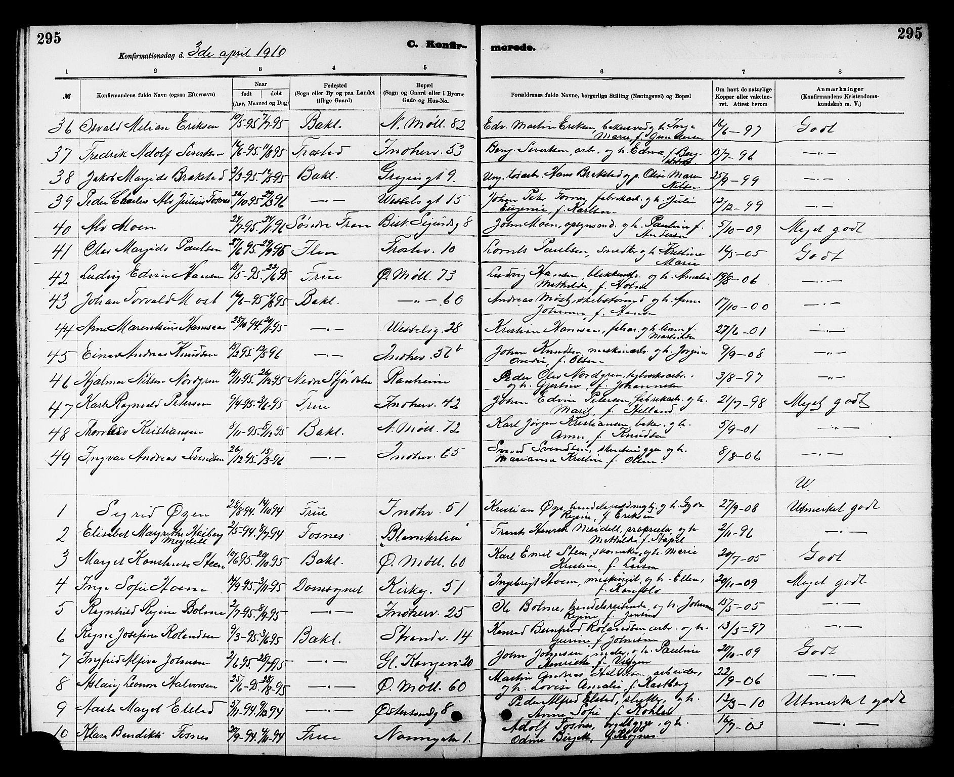 Ministerialprotokoller, klokkerbøker og fødselsregistre - Sør-Trøndelag, AV/SAT-A-1456/605/L0254: Parish register (copy) no. 605C01, 1908-1916, p. 295