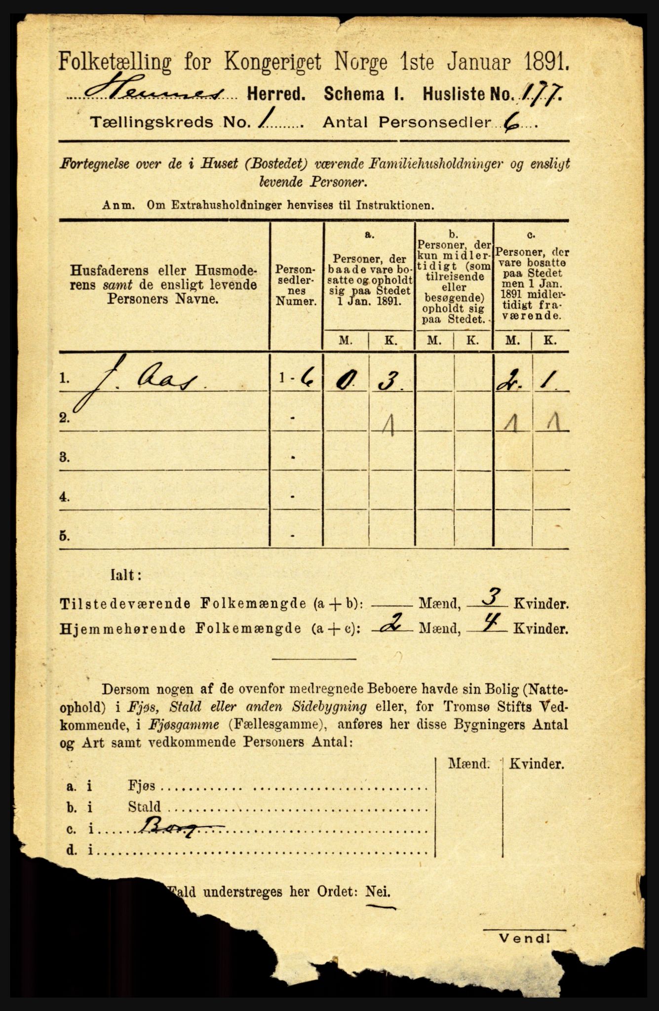 RA, 1891 census for 1832 Hemnes, 1891, p. 211
