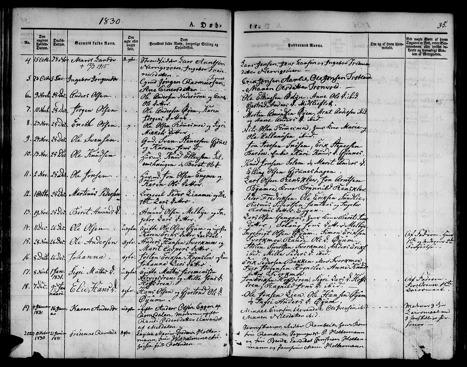 Ministerialprotokoller, klokkerbøker og fødselsregistre - Sør-Trøndelag, SAT/A-1456/668/L0804: Parish register (official) no. 668A04, 1826-1839, p. 35