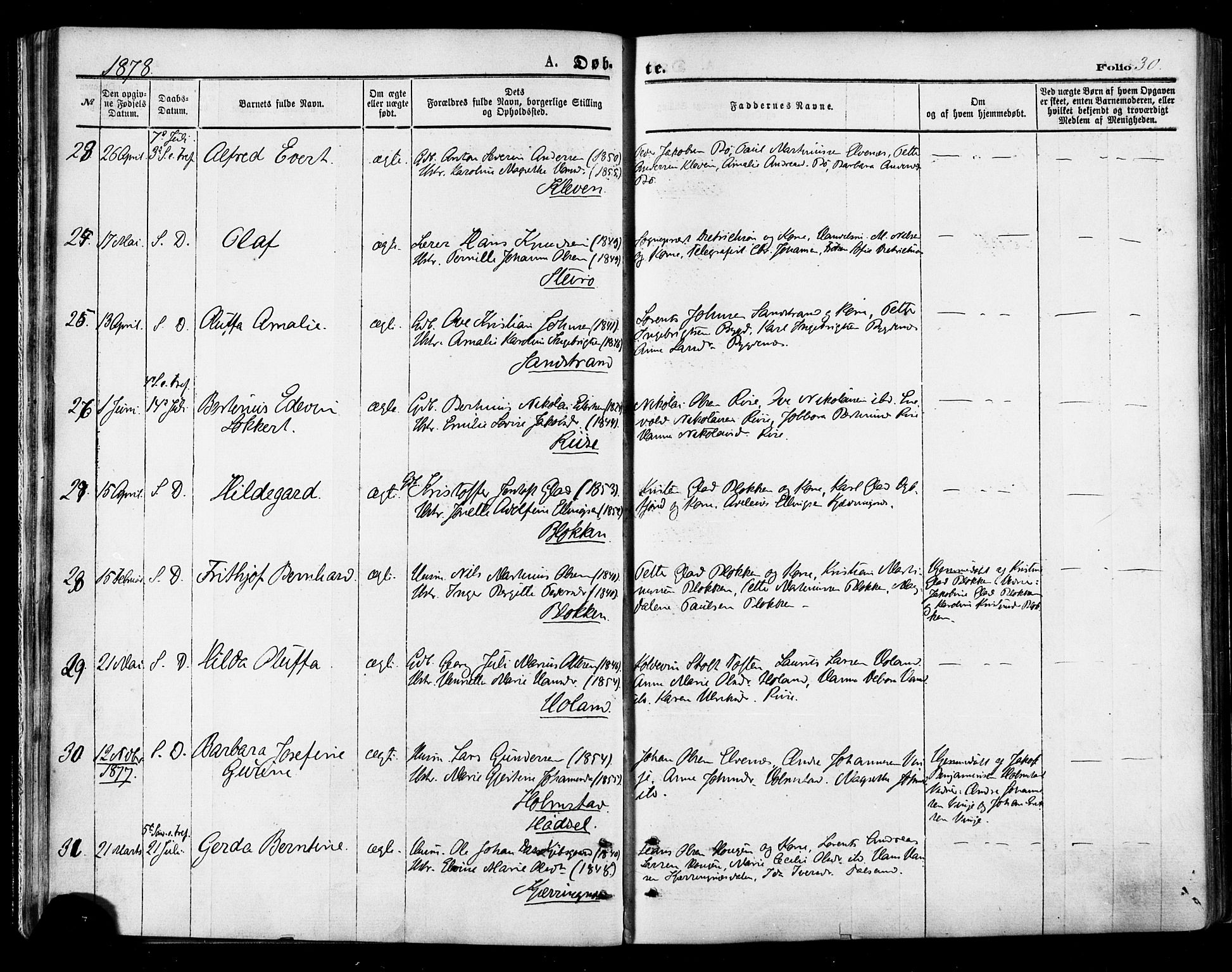 Ministerialprotokoller, klokkerbøker og fødselsregistre - Nordland, AV/SAT-A-1459/895/L1370: Parish register (official) no. 895A05, 1873-1884, p. 30