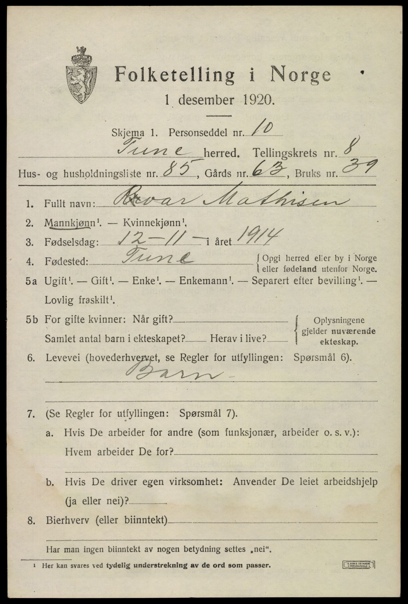 SAO, 1920 census for Tune, 1920, p. 8038
