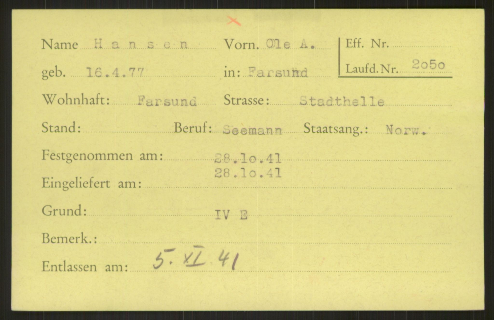 Befehlshaber der Sicherheitspolizei und des SD, RA/RAFA-5969/E/Ea/Eab/L0002: Register over norske fanger i Møllergata 19 ordnet etter fangenummer: 2050-2999, 1940-1945