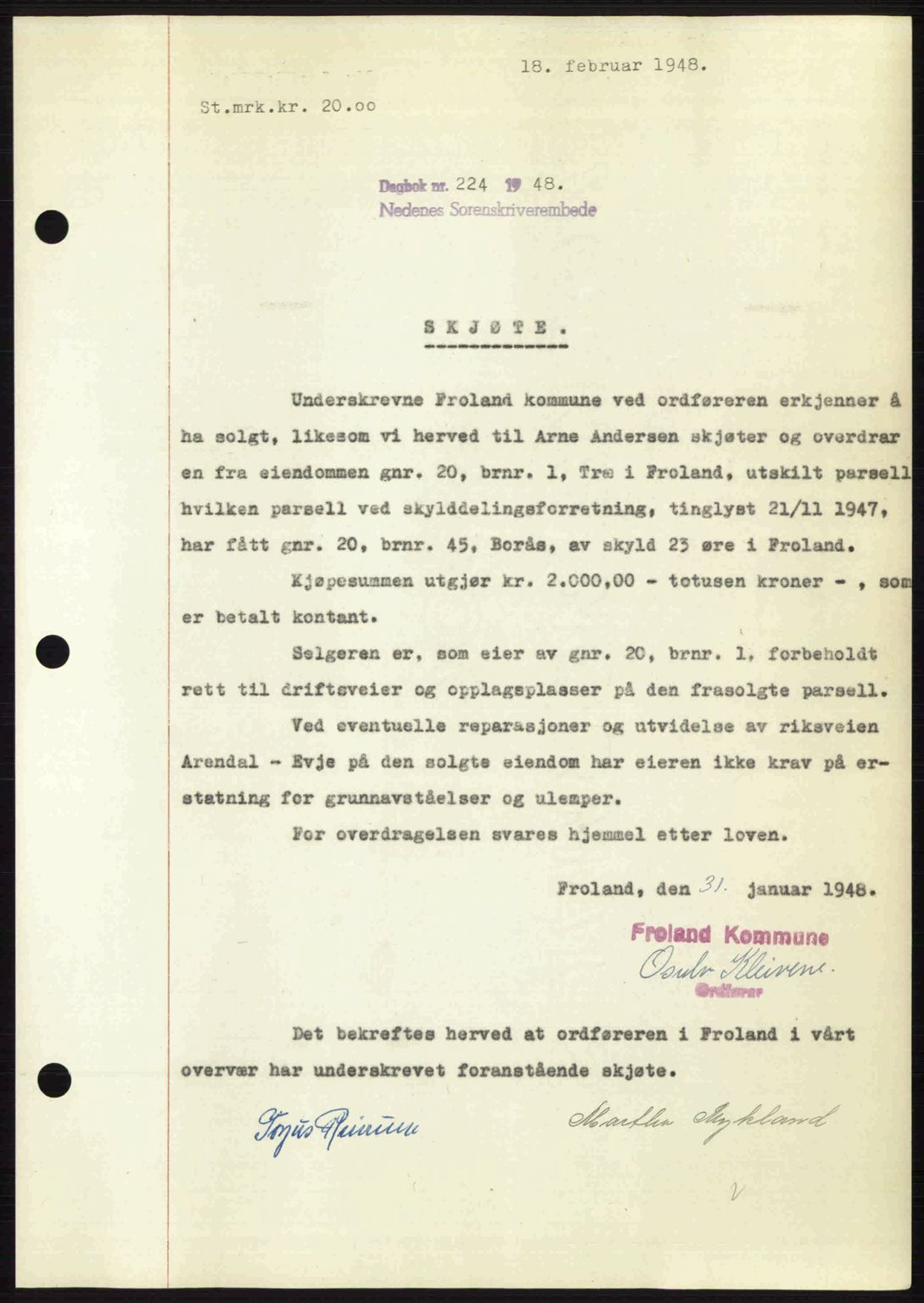 Nedenes sorenskriveri, AV/SAK-1221-0006/G/Gb/Gba/L0058: Mortgage book no. A10, 1947-1948, Diary no: : 224/1948