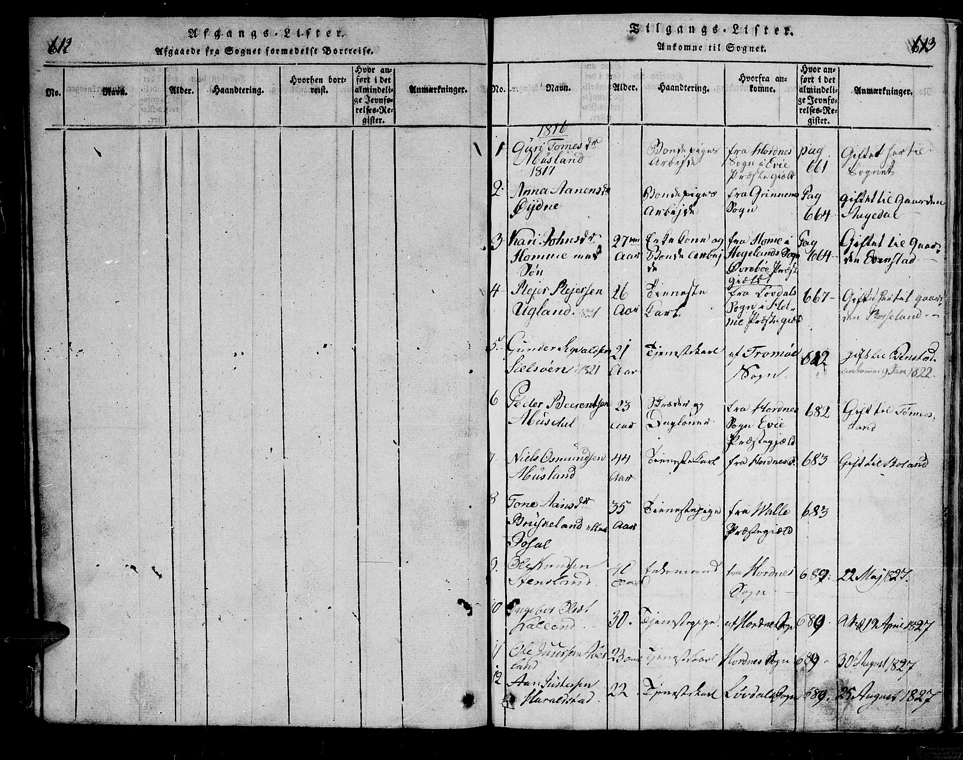 Bjelland sokneprestkontor, SAK/1111-0005/F/Fa/Faa/L0002: Parish register (official) no. A 2, 1816-1866, p. 612-613