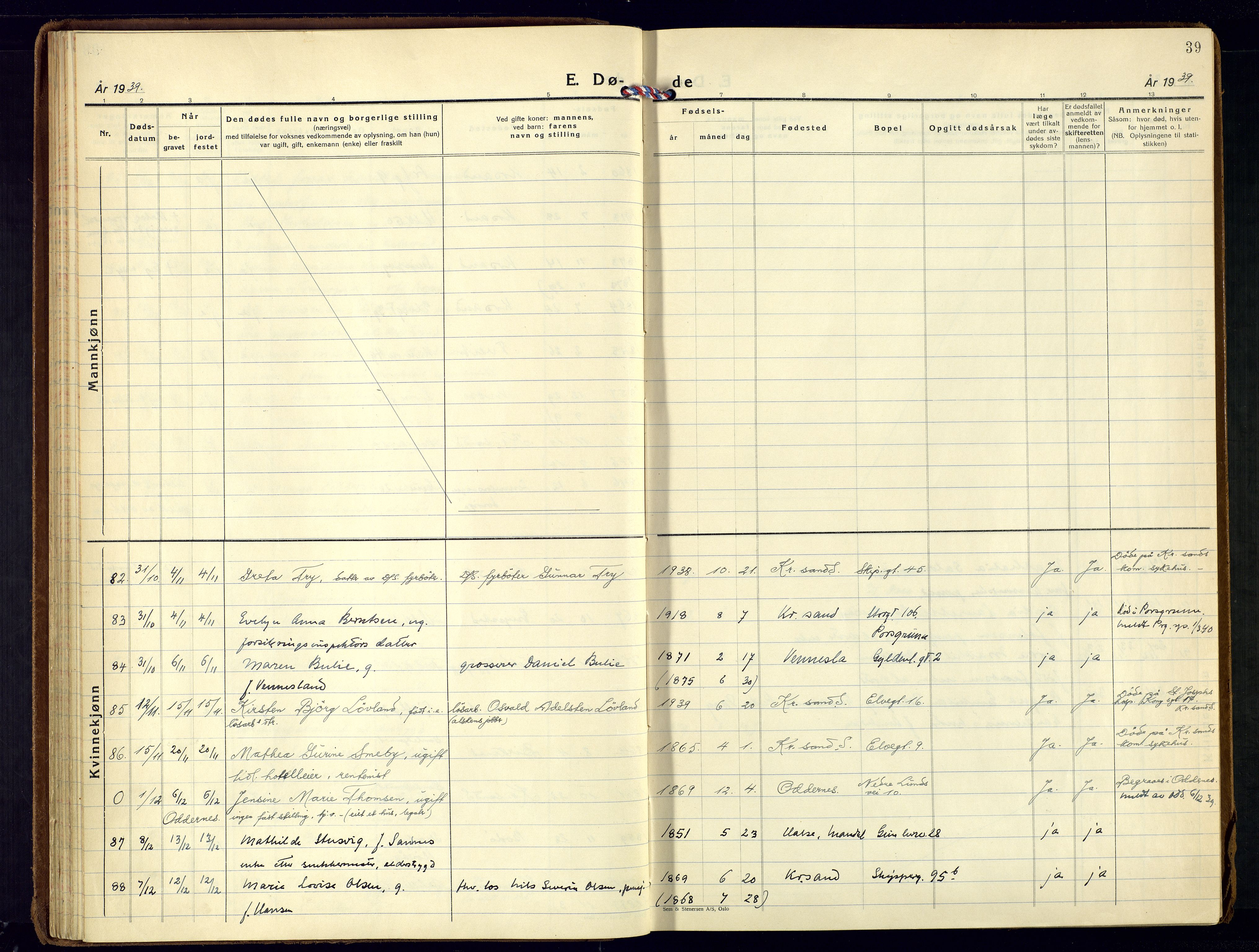 Kristiansand domprosti, AV/SAK-1112-0006/F/Fa/L0037: Parish register (official) no. A-36, 1937-1947, p. 39