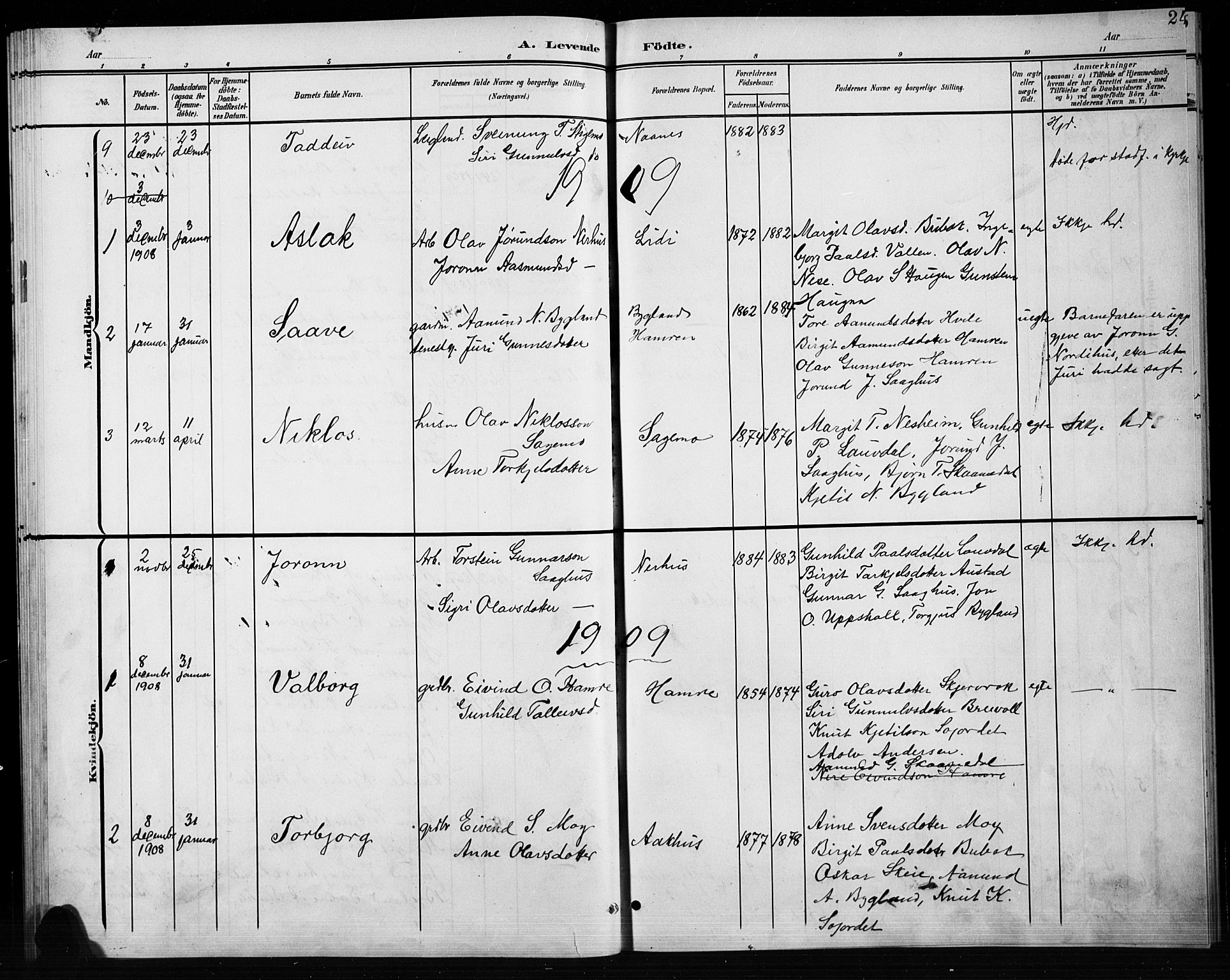 Bygland sokneprestkontor, SAK/1111-0006/F/Fb/Fbb/L0004: Parish register (copy) no. B 4, 1902-1920, p. 24
