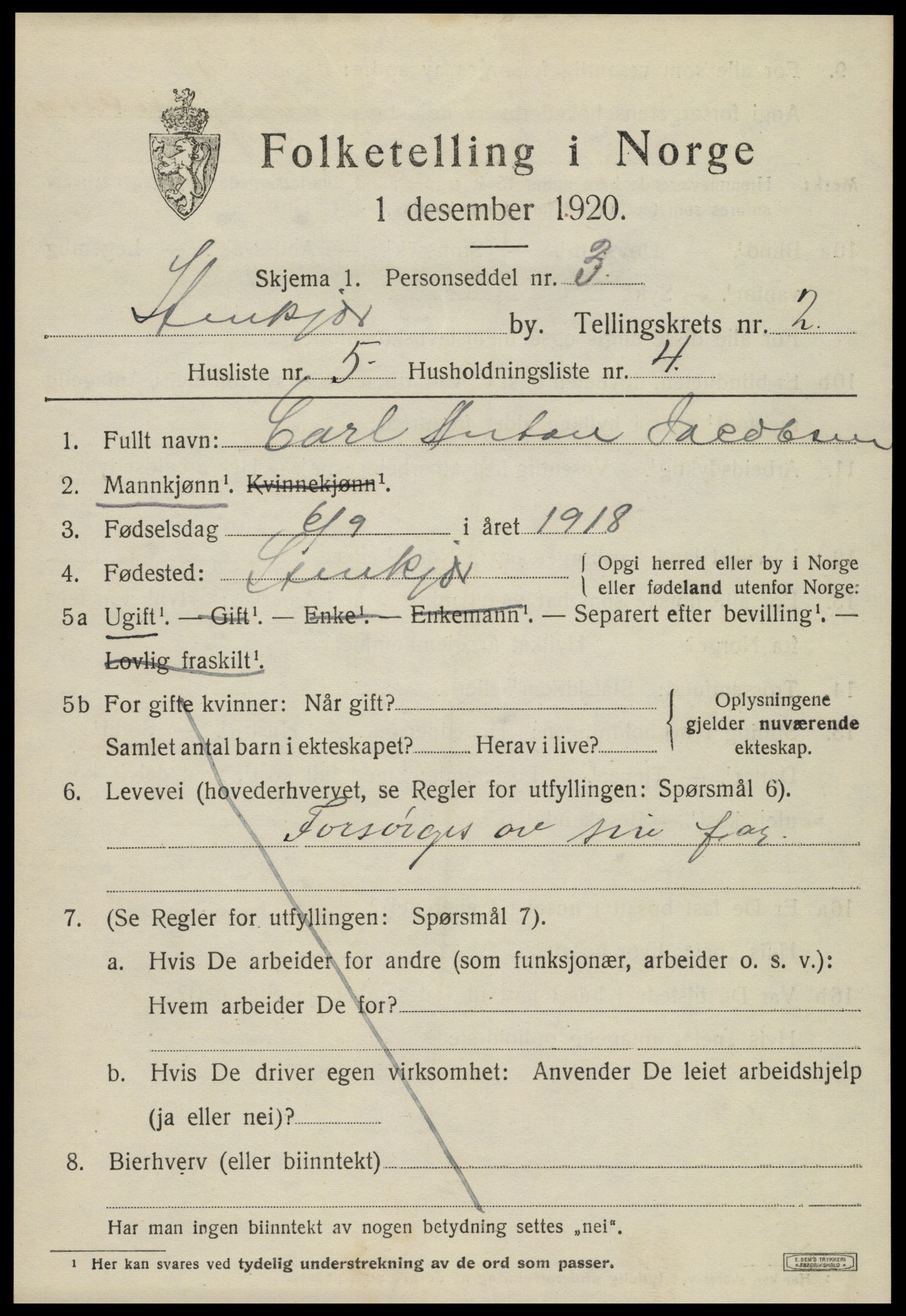 SAT, 1920 census for Steinkjer, 1920, p. 4226