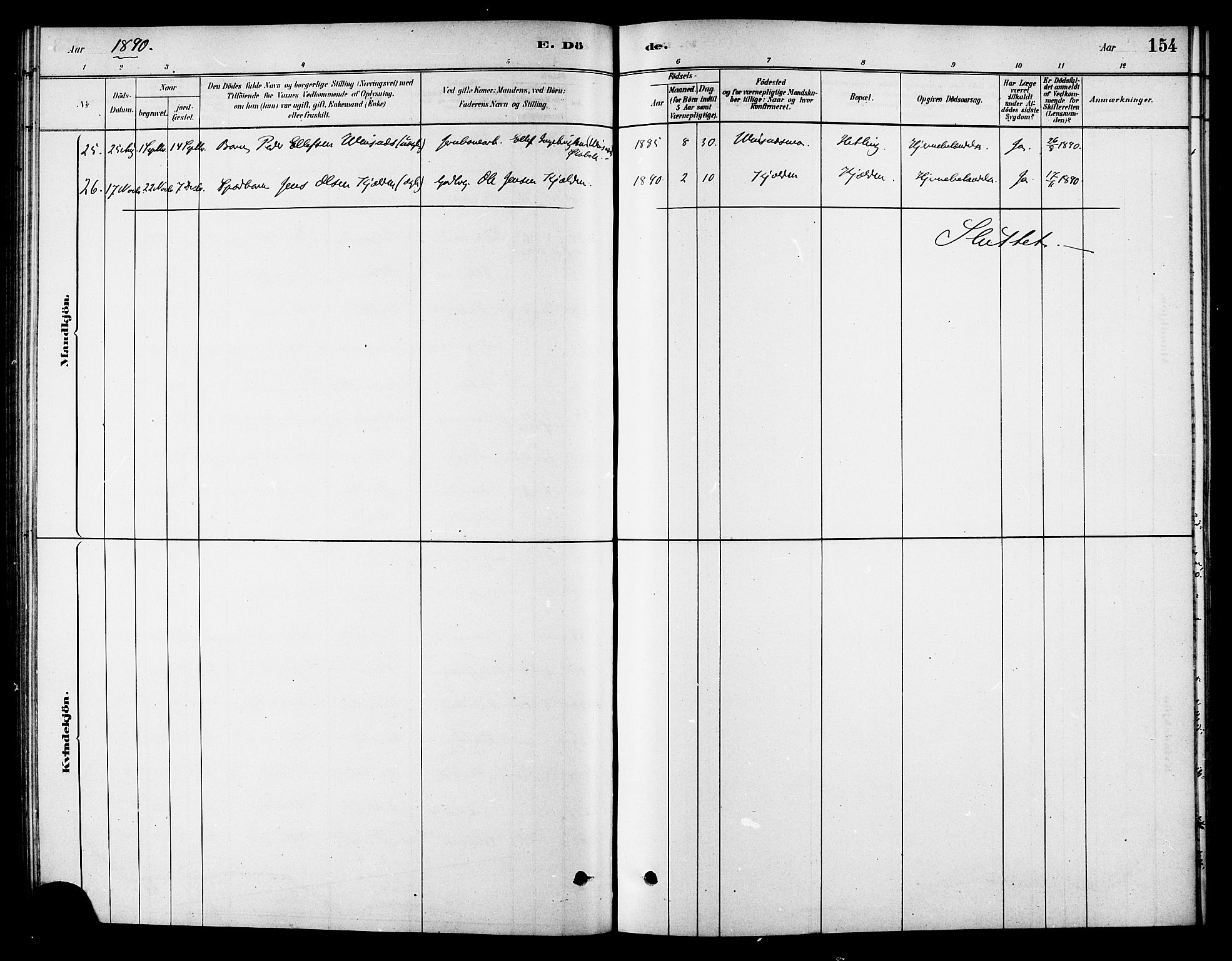 Ministerialprotokoller, klokkerbøker og fødselsregistre - Sør-Trøndelag, AV/SAT-A-1456/688/L1024: Parish register (official) no. 688A01, 1879-1890, p. 154