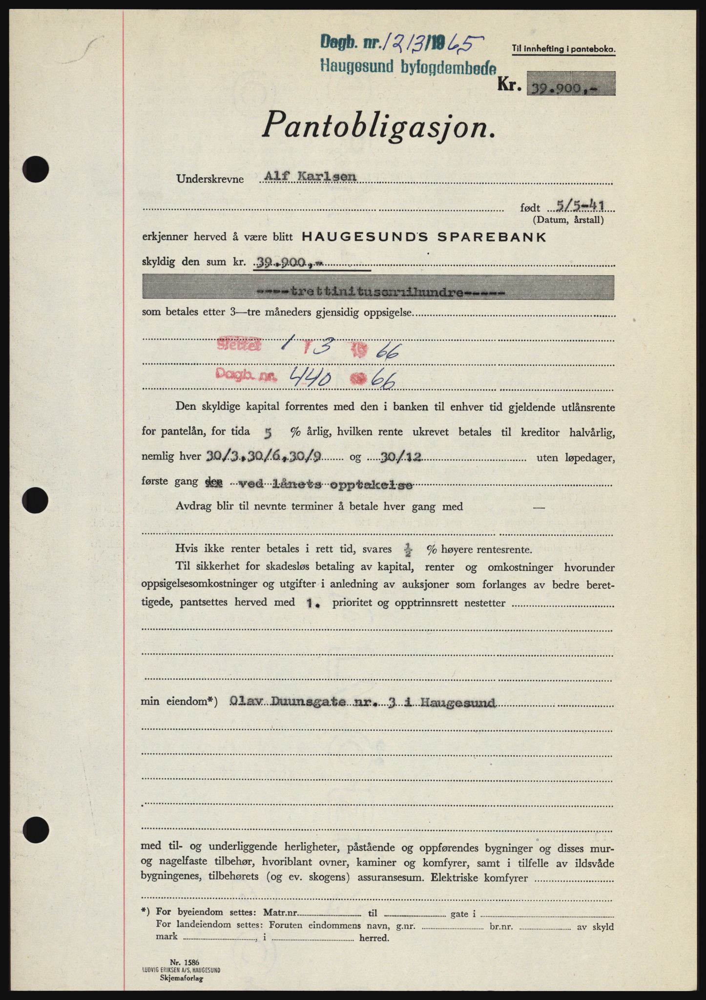 Haugesund tingrett, SAST/A-101415/01/II/IIC/L0053: Mortgage book no. B 53, 1965-1965, Diary no: : 1213/1965