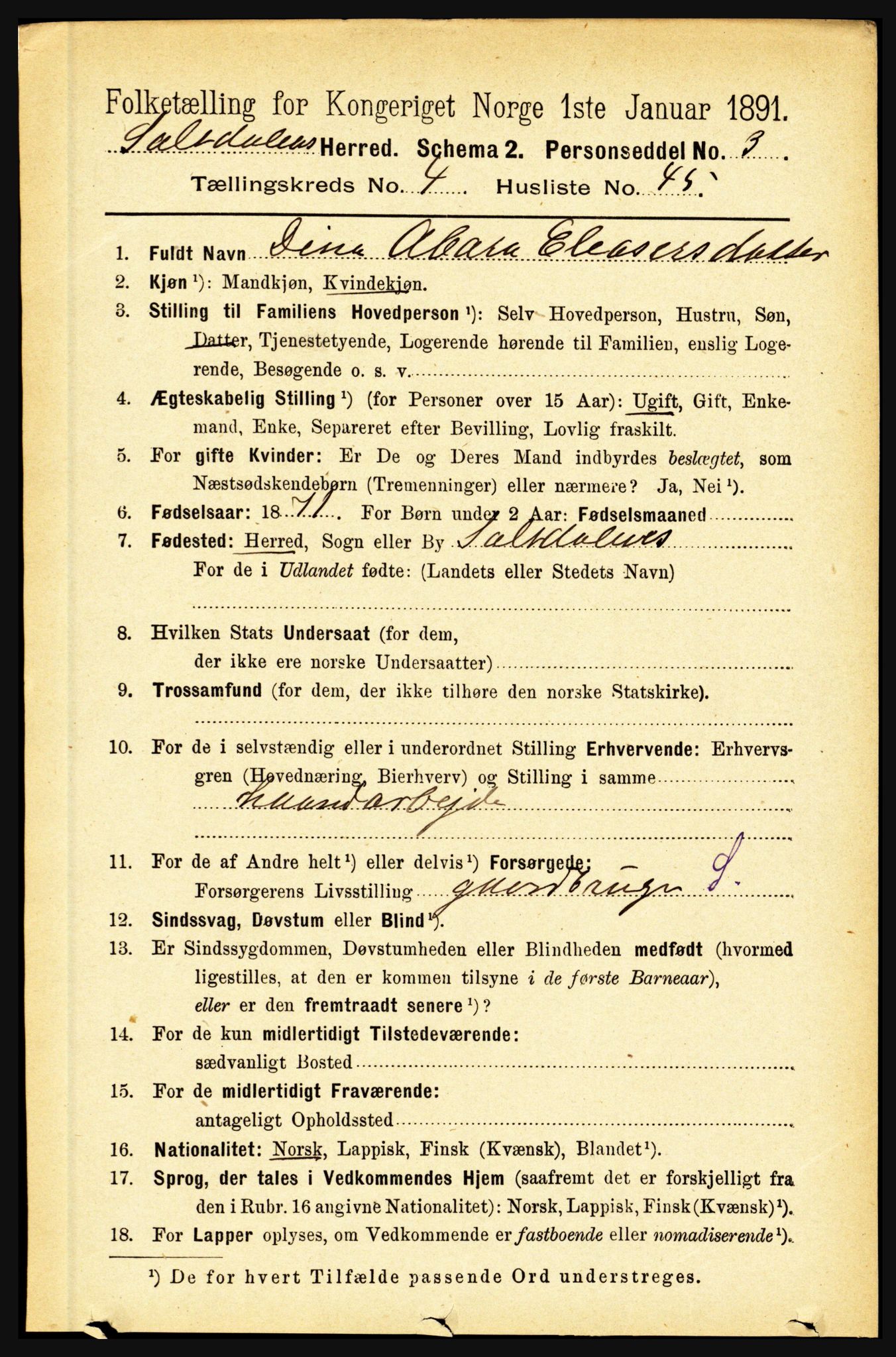 RA, 1891 census for 1840 Saltdal, 1891, p. 2630