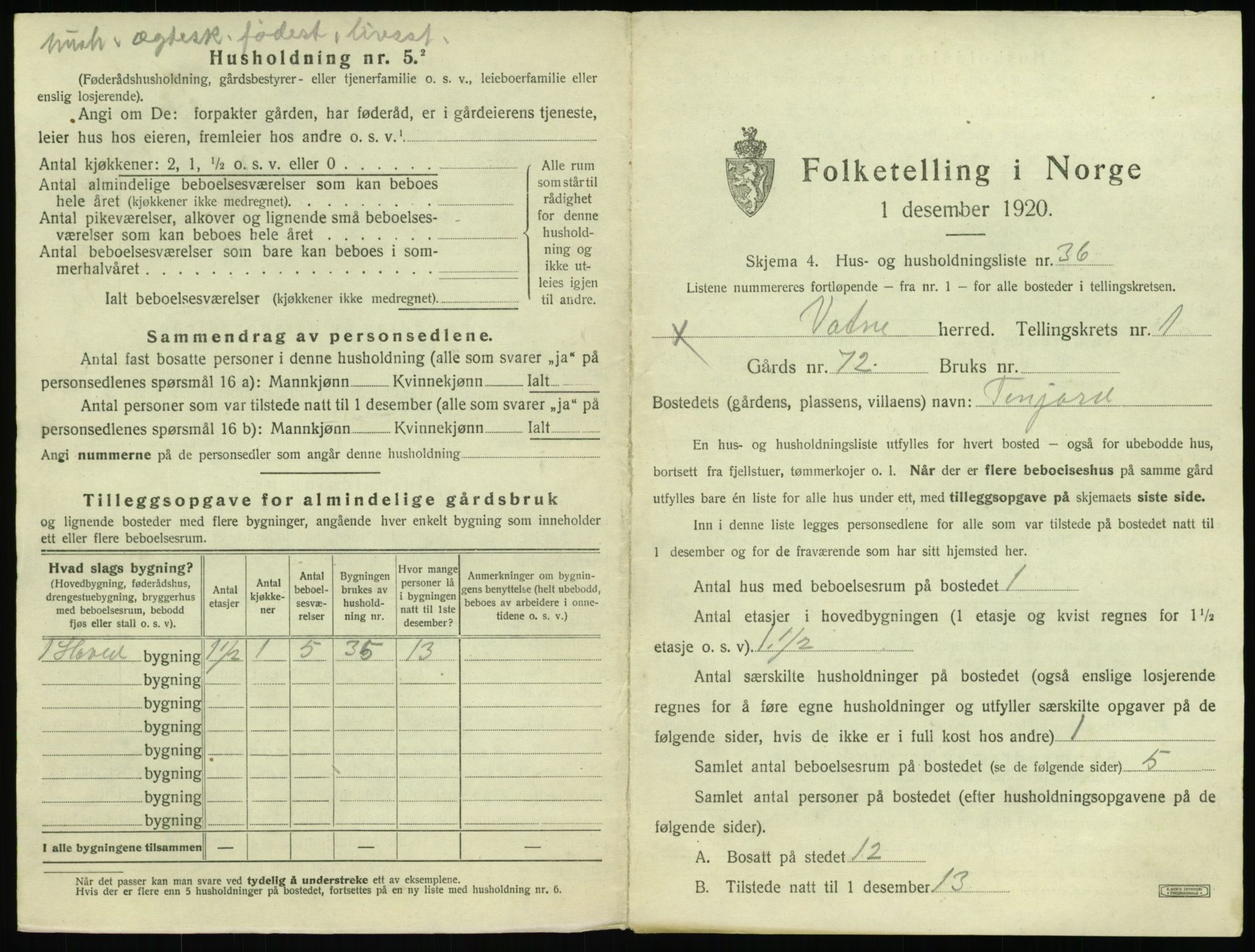 SAT, 1920 census for Vatne, 1920, p. 110