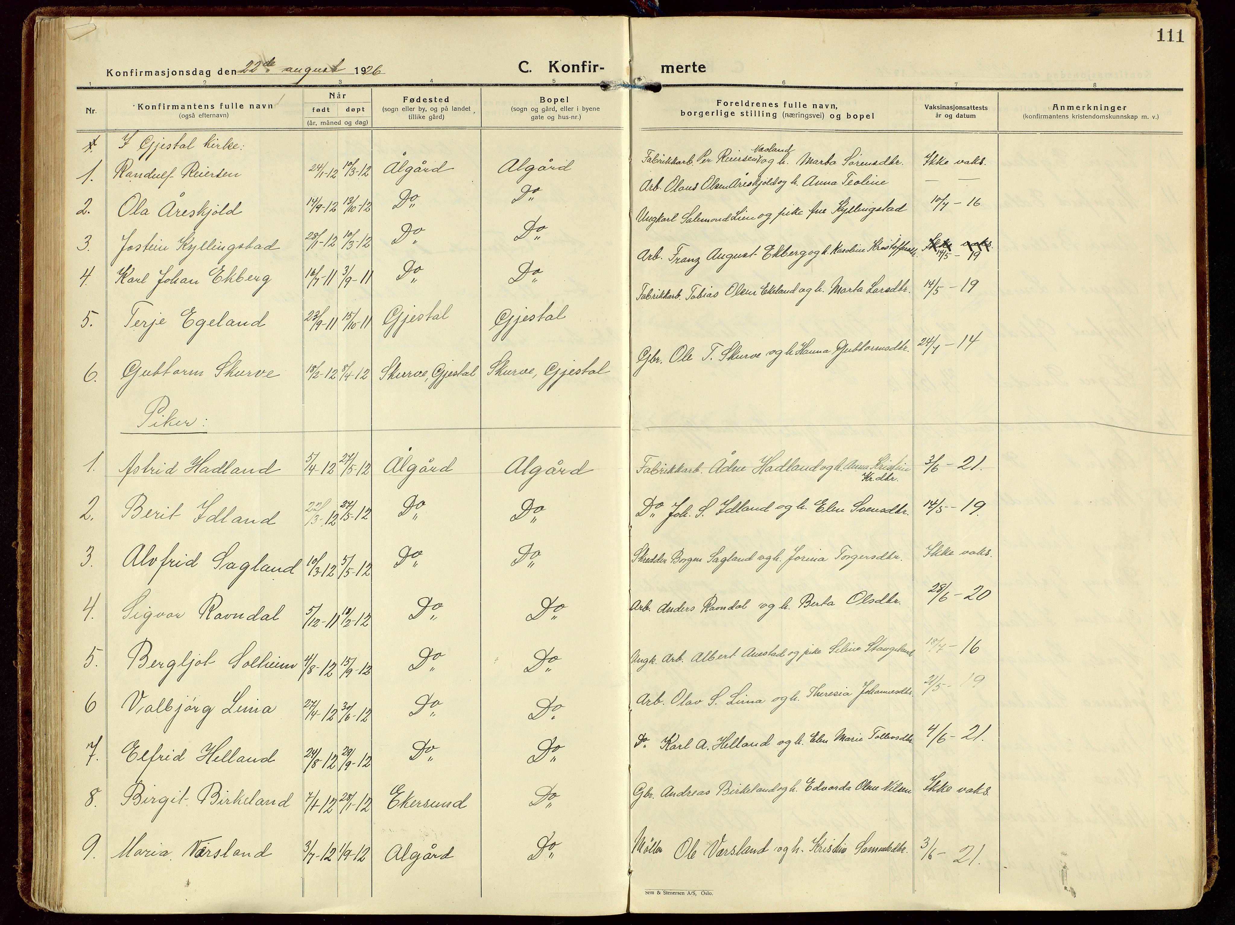 Gjesdal sokneprestkontor, SAST/A-101796/003/O/L0001: Parish register (official) no. A 1, 1925-1949, p. 111
