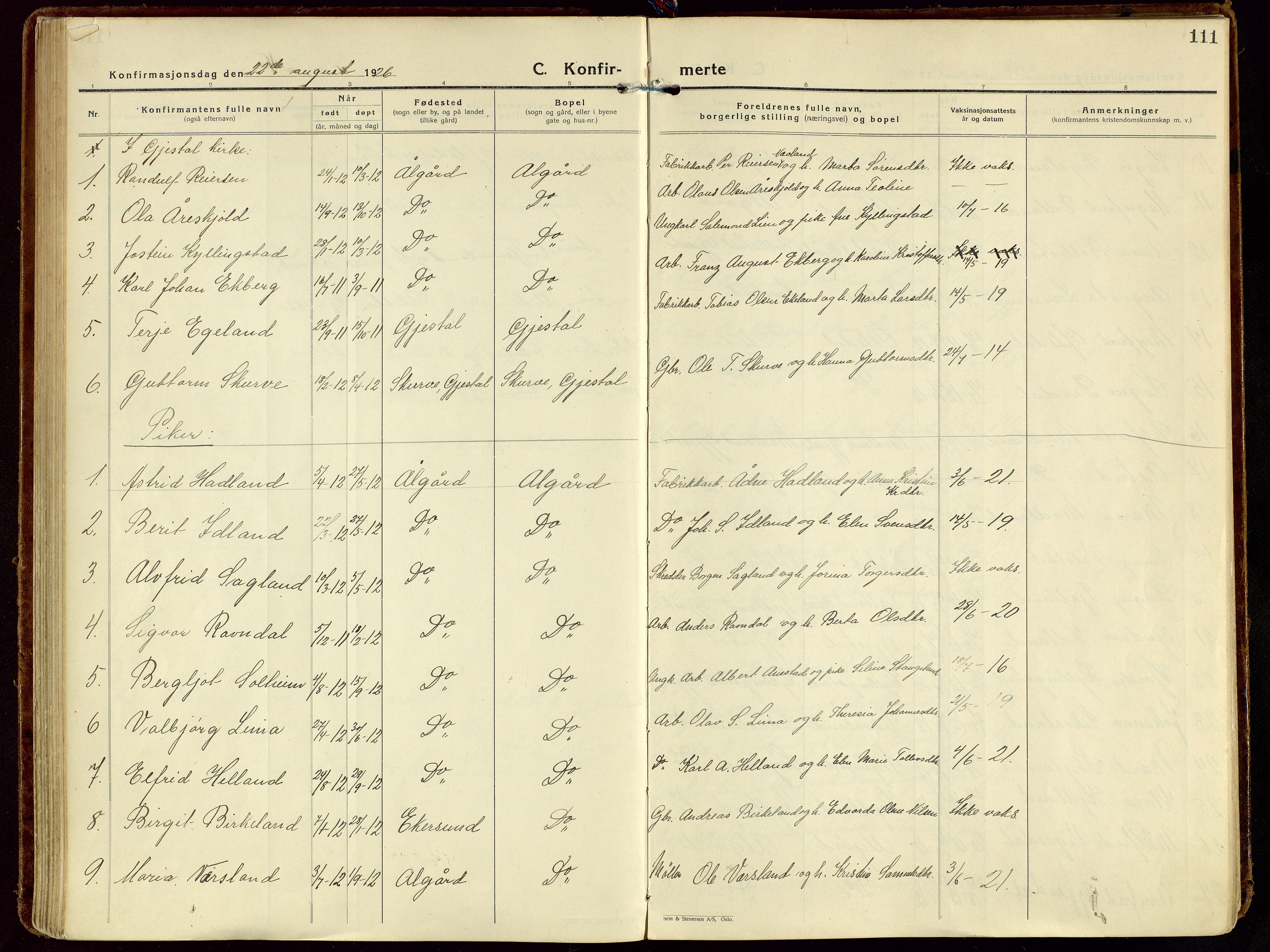 Gjesdal sokneprestkontor, AV/SAST-A-101796/003/O/L0001: Parish register (official) no. A 1, 1925-1949, p. 111