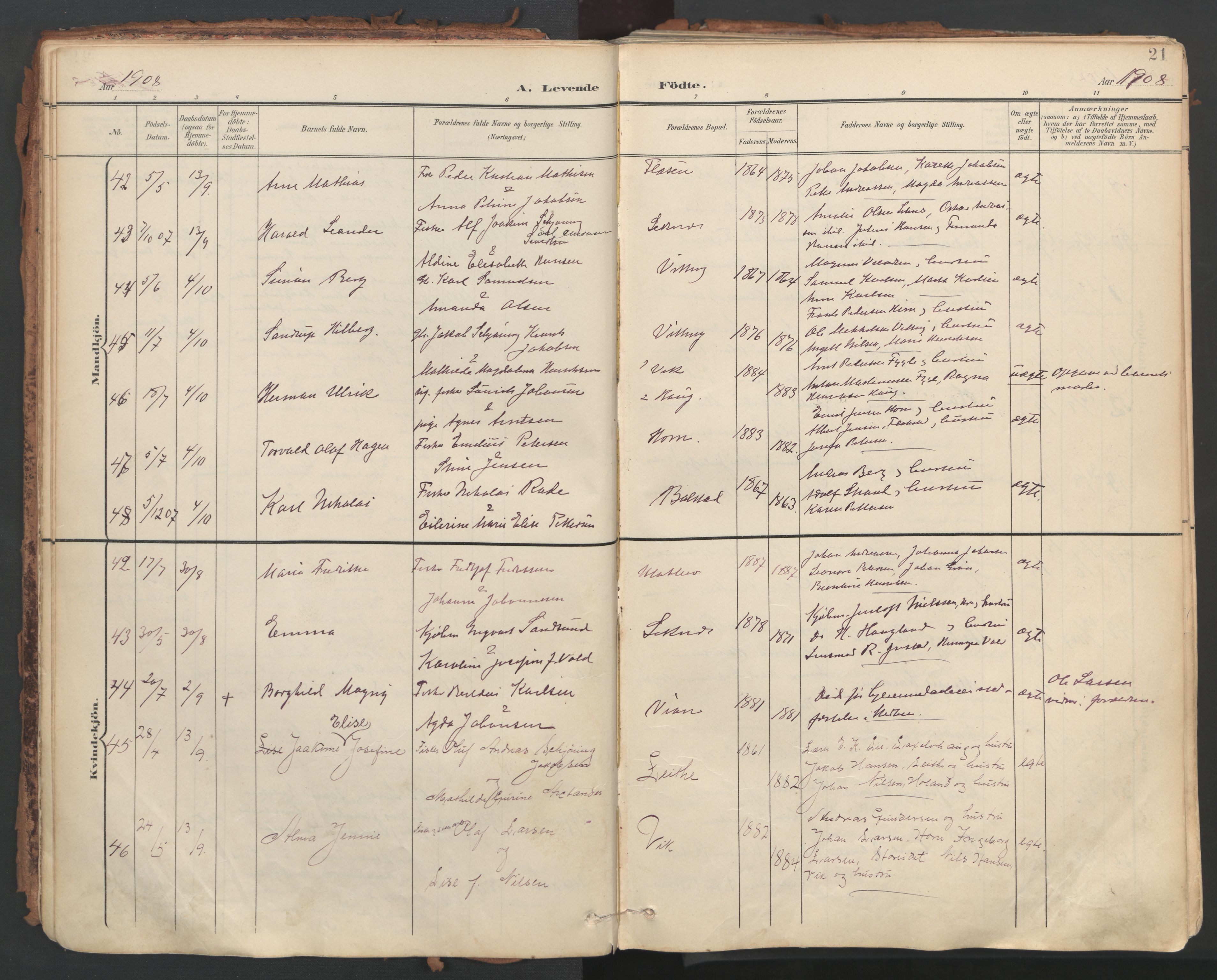 Ministerialprotokoller, klokkerbøker og fødselsregistre - Nordland, AV/SAT-A-1459/881/L1154: Parish register (official) no. 881A07, 1907-1918, p. 21