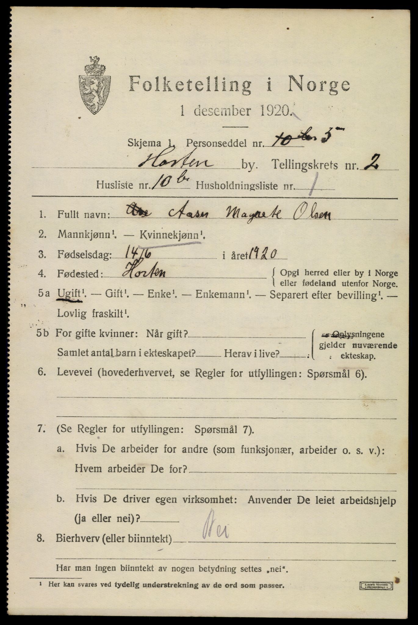 SAKO, 1920 census for Horten, 1920, p. 10329