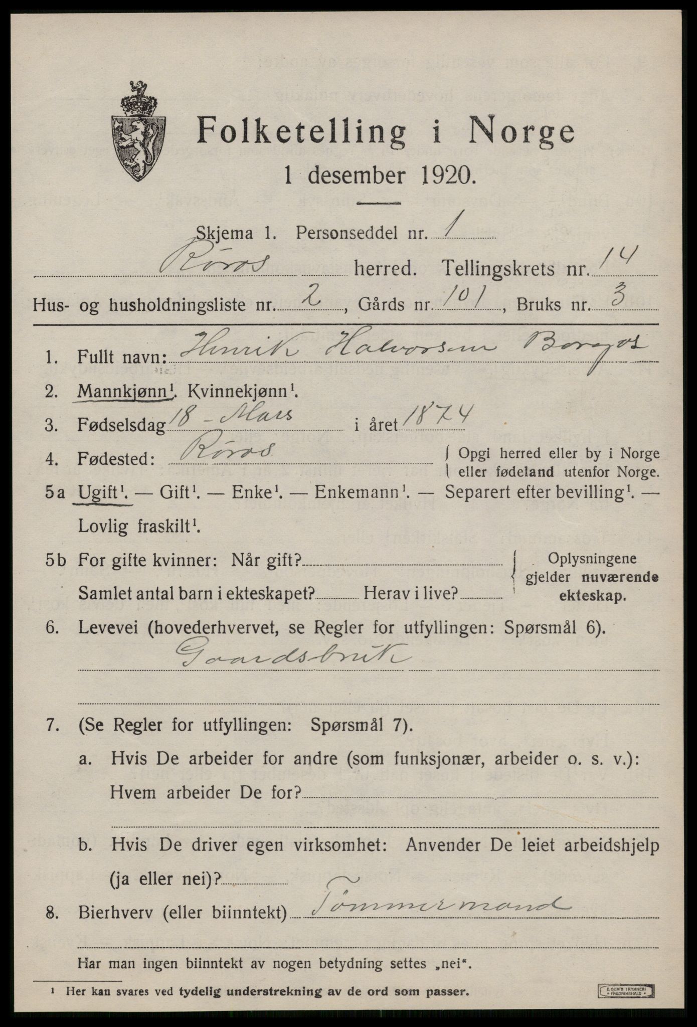 SAT, 1920 census for Røros, 1920, p. 9678