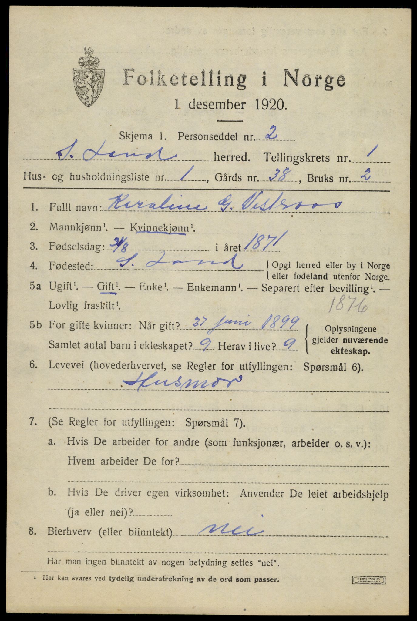 SAH, 1920 census for Søndre Land, 1920, p. 1223