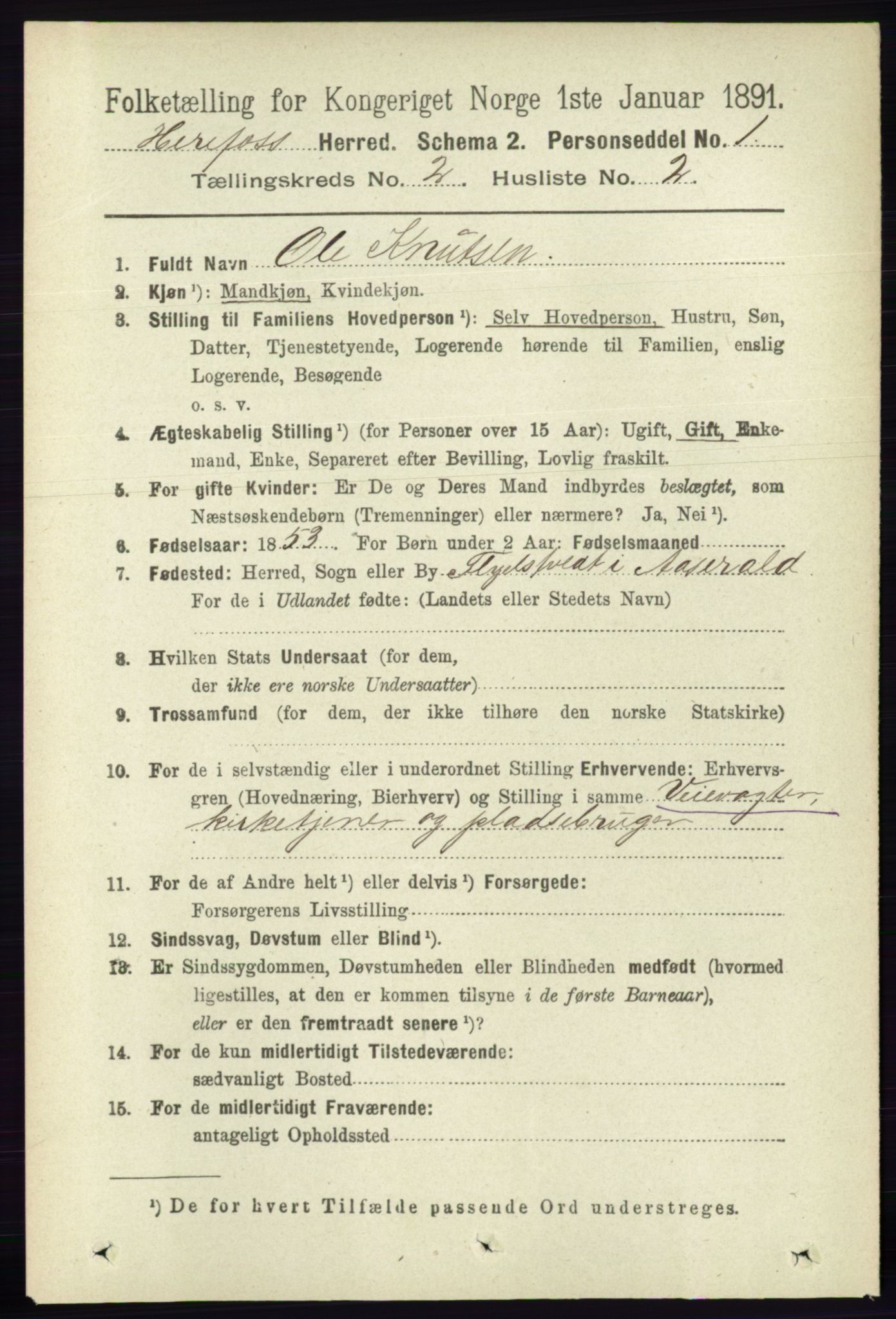 RA, 1891 census for 0933 Herefoss, 1891, p. 287