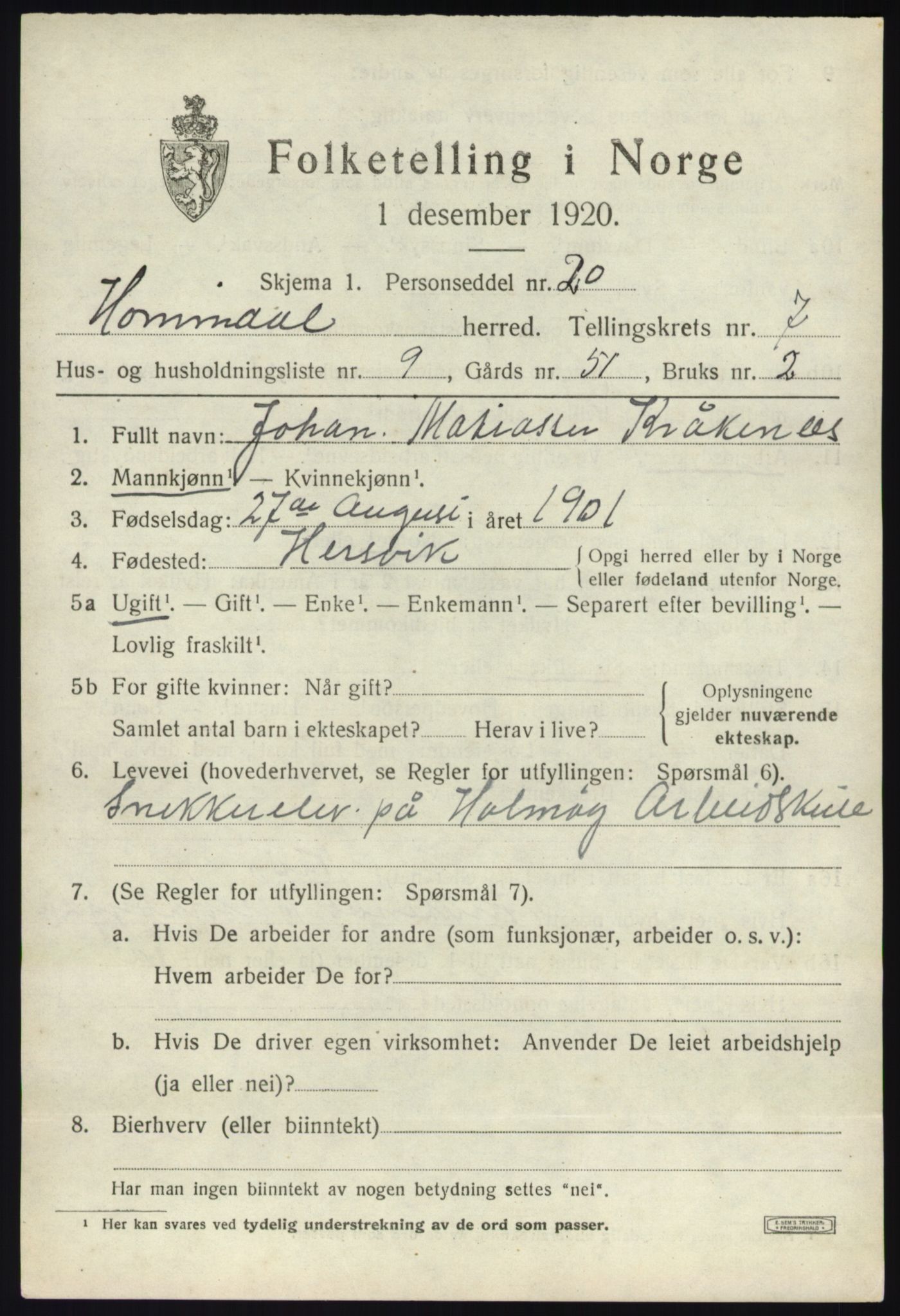 SAB, 1920 census for Hornindal, 1920, p. 3600