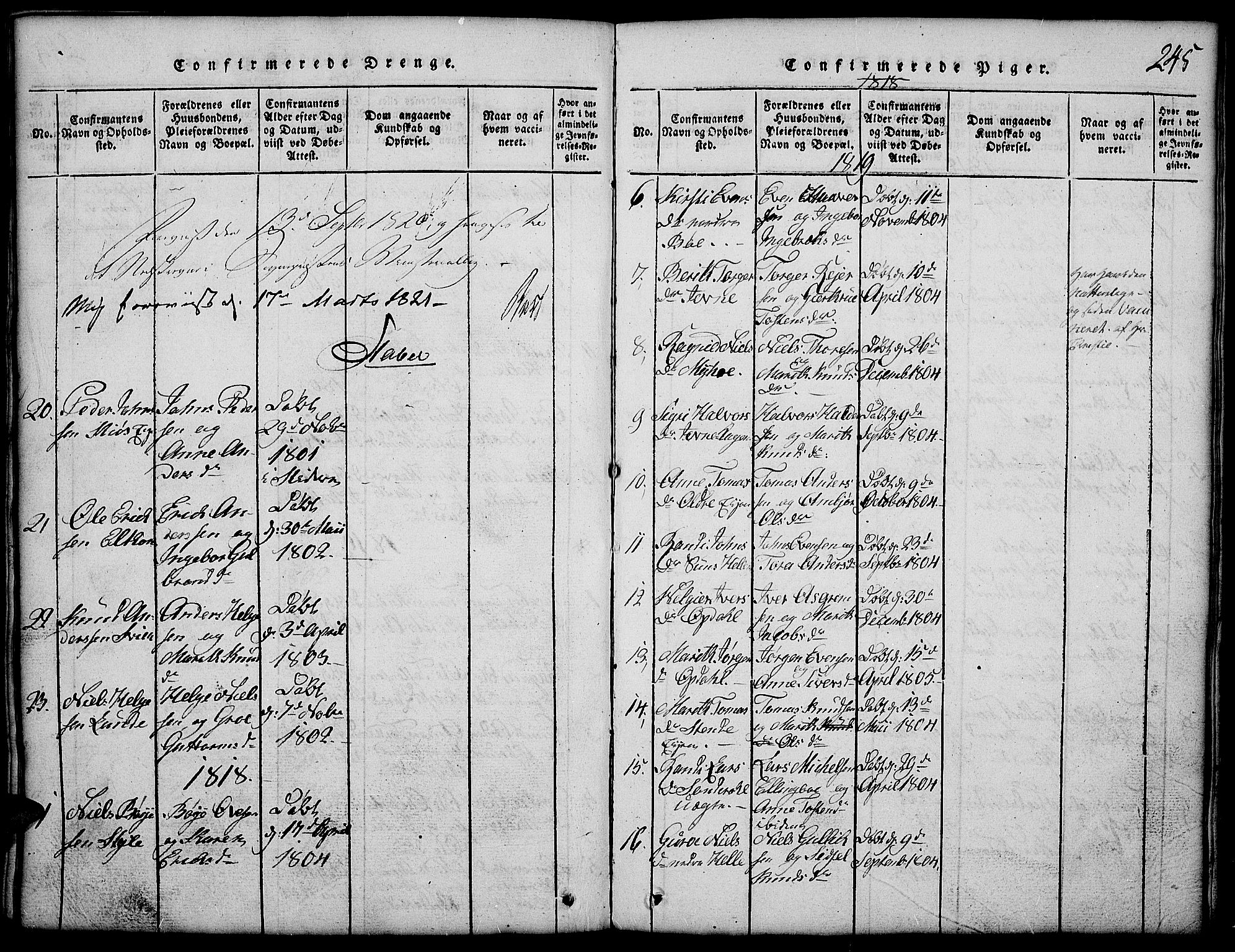 Vang prestekontor, Valdres, SAH/PREST-140/H/Hb/L0002: Parish register (copy) no. 2, 1814-1889, p. 245