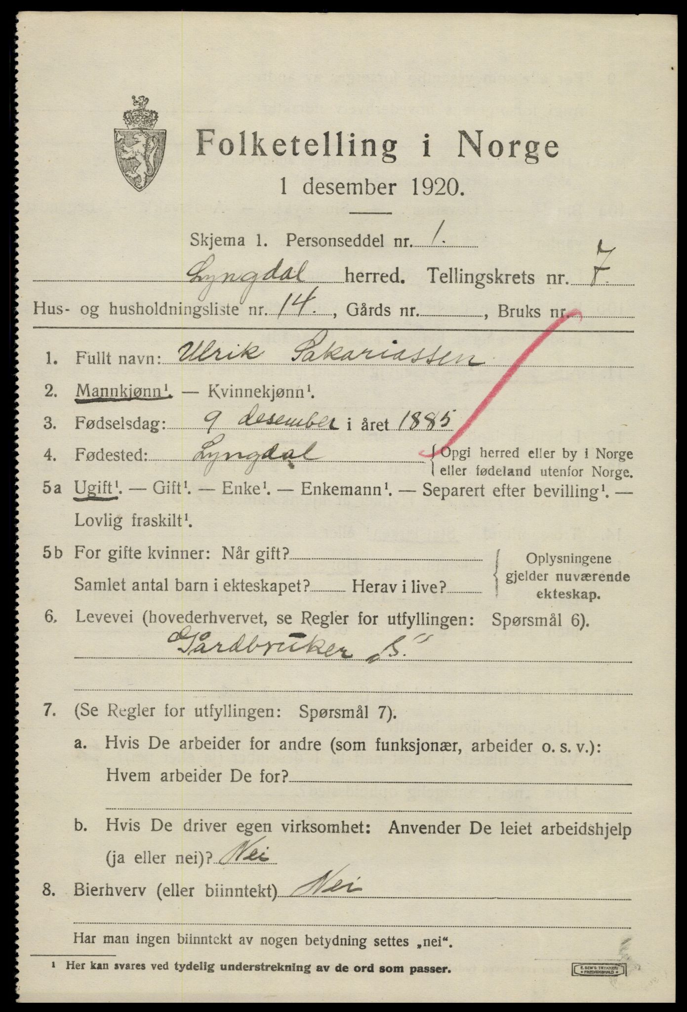 SAK, 1920 census for Lyngdal, 1920, p. 3971